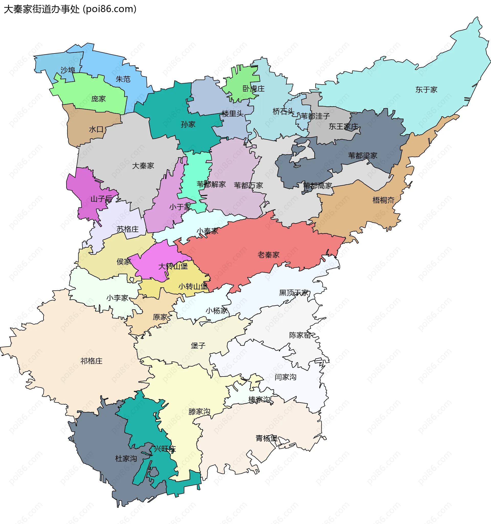 大秦家街道办事处边界地图(五级行政区划)
