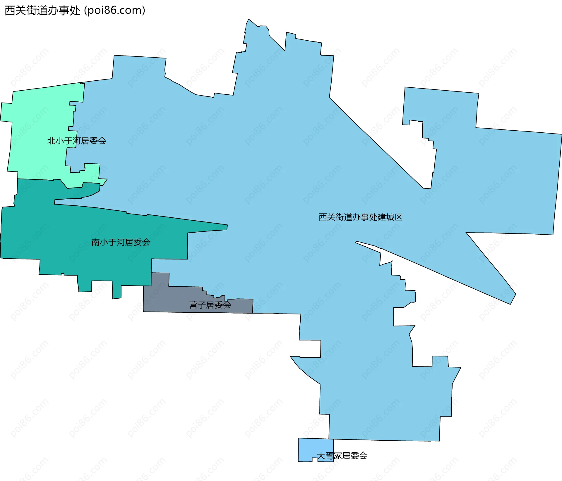西关街道办事处边界地图(五级行政区划)