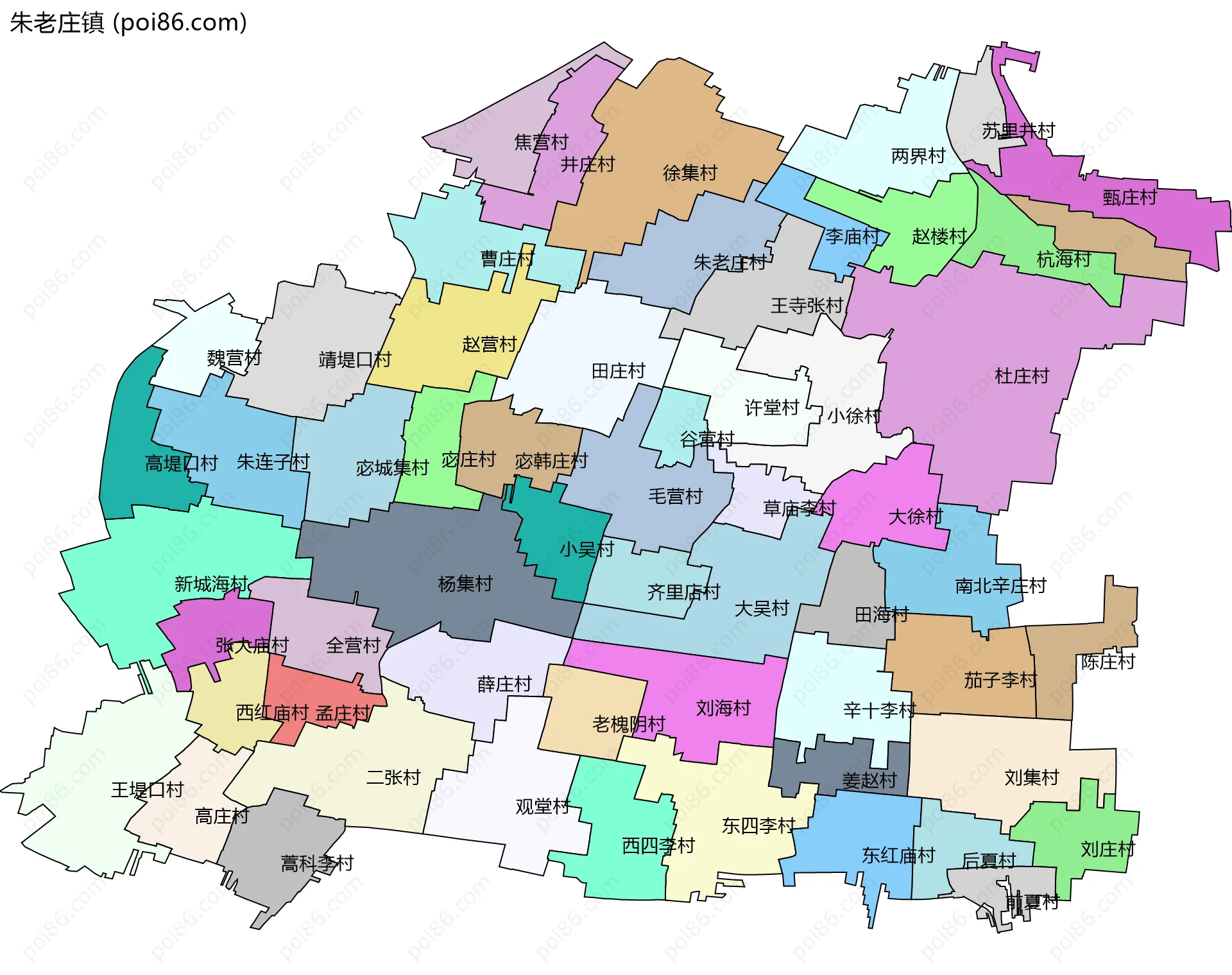 朱老庄镇边界地图(五级行政区划)