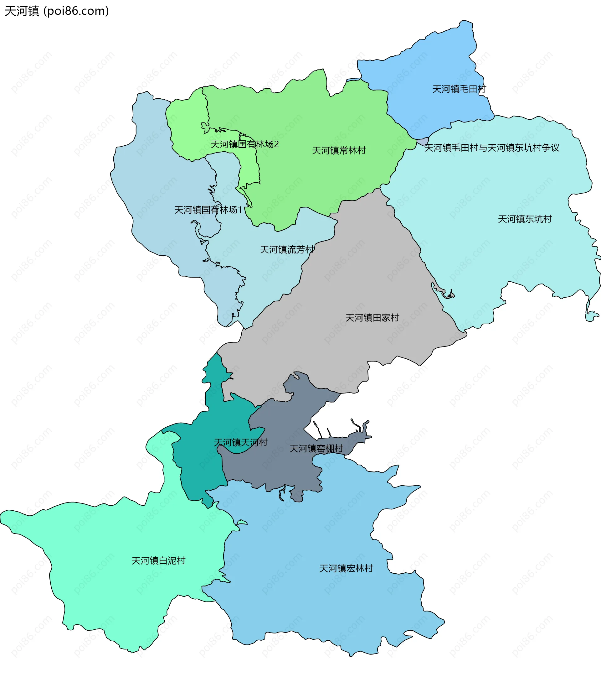 天河镇边界地图(五级行政区划)