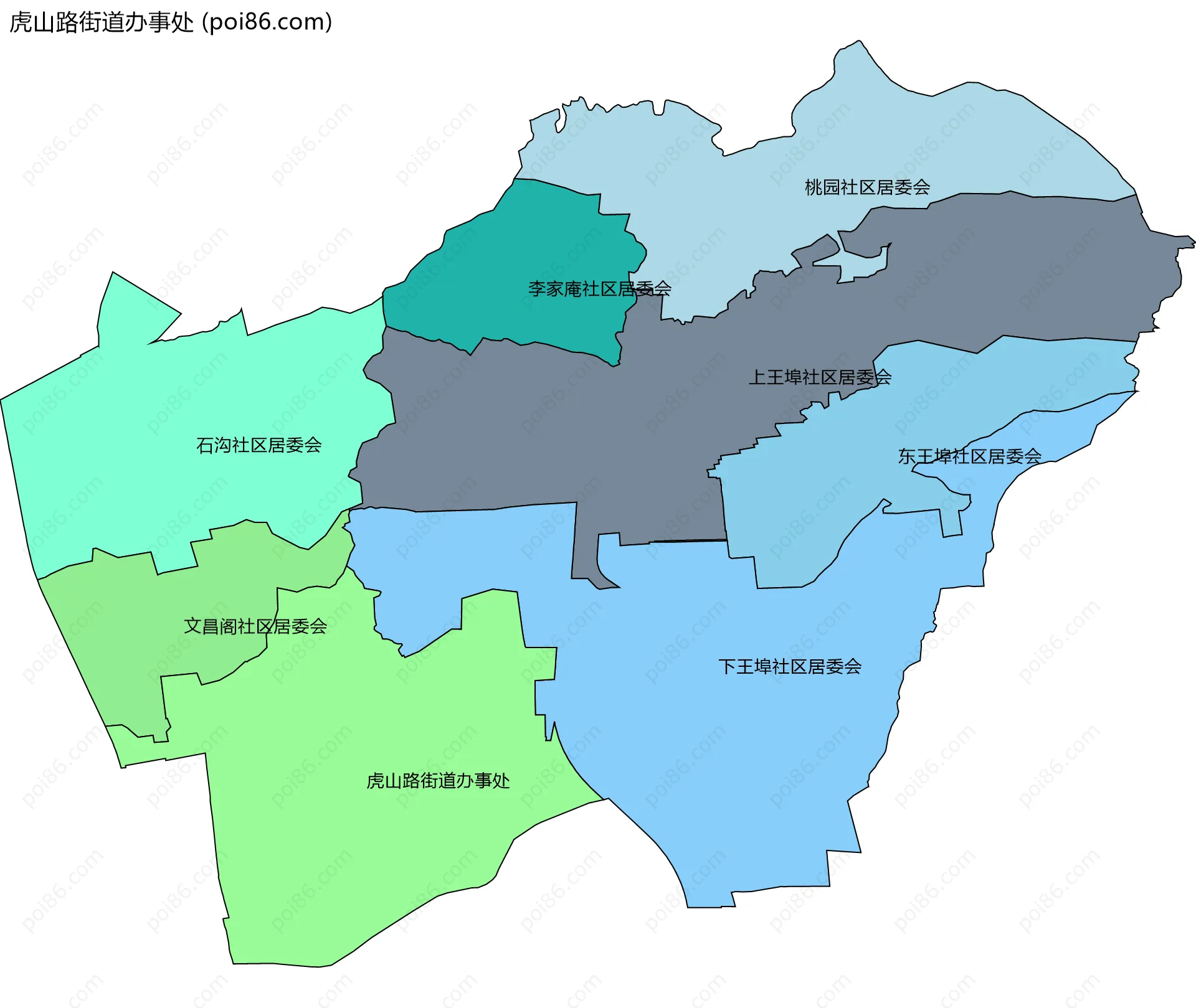虎山路街道办事处边界地图(五级行政区划)