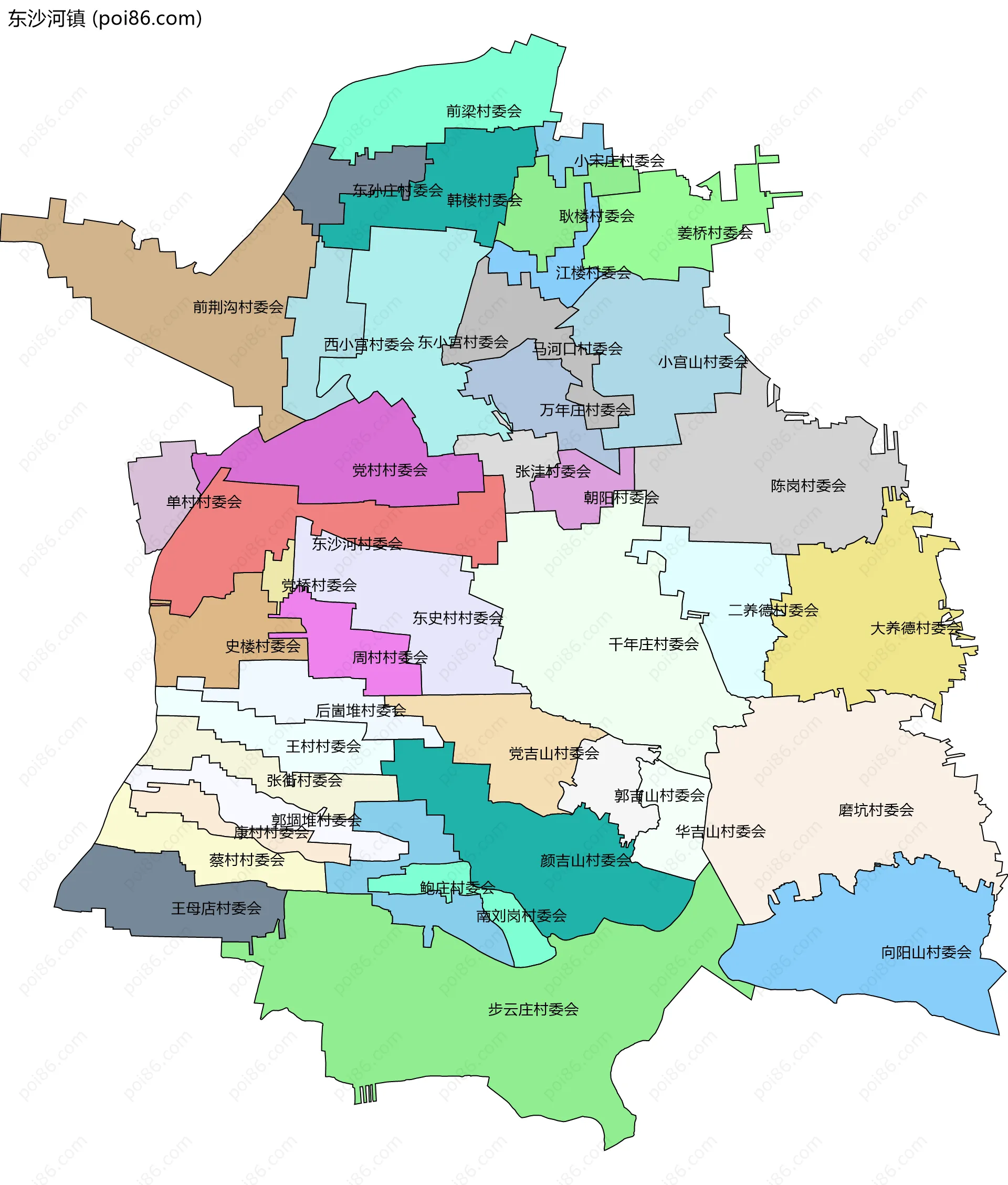 东沙河镇边界地图(五级行政区划)