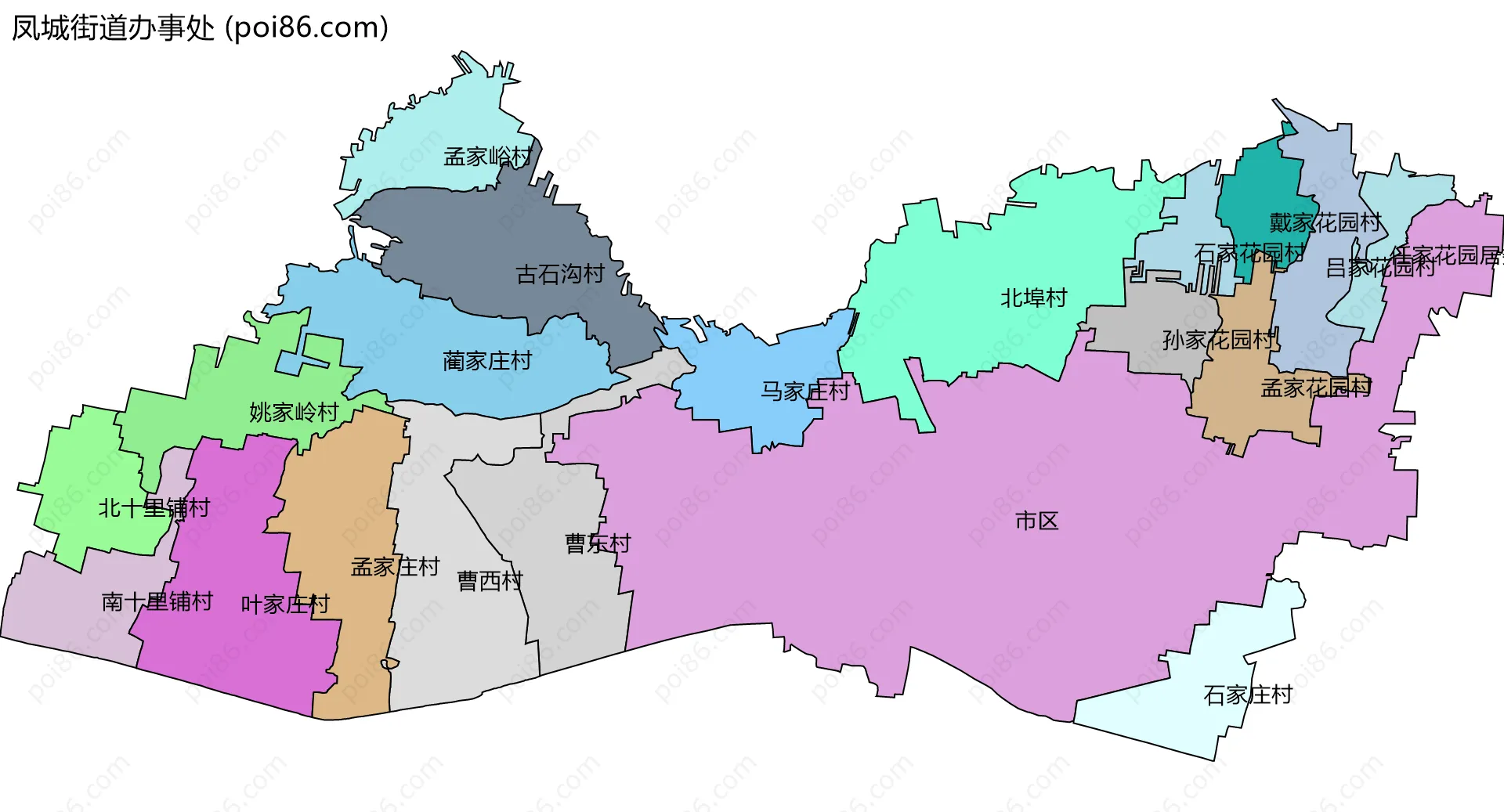 凤城街道办事处边界地图(五级行政区划)