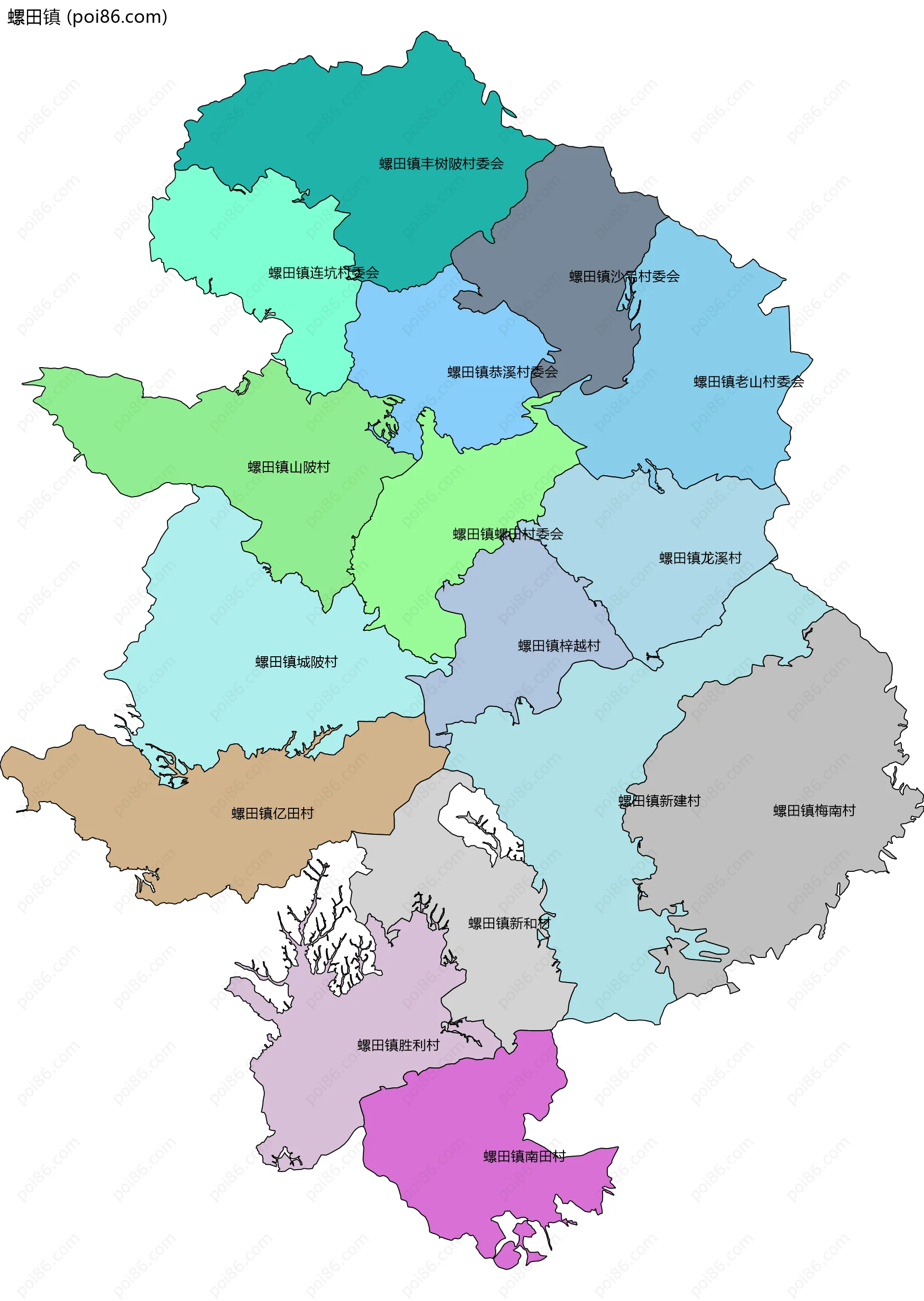 螺田镇边界地图(五级行政区划)