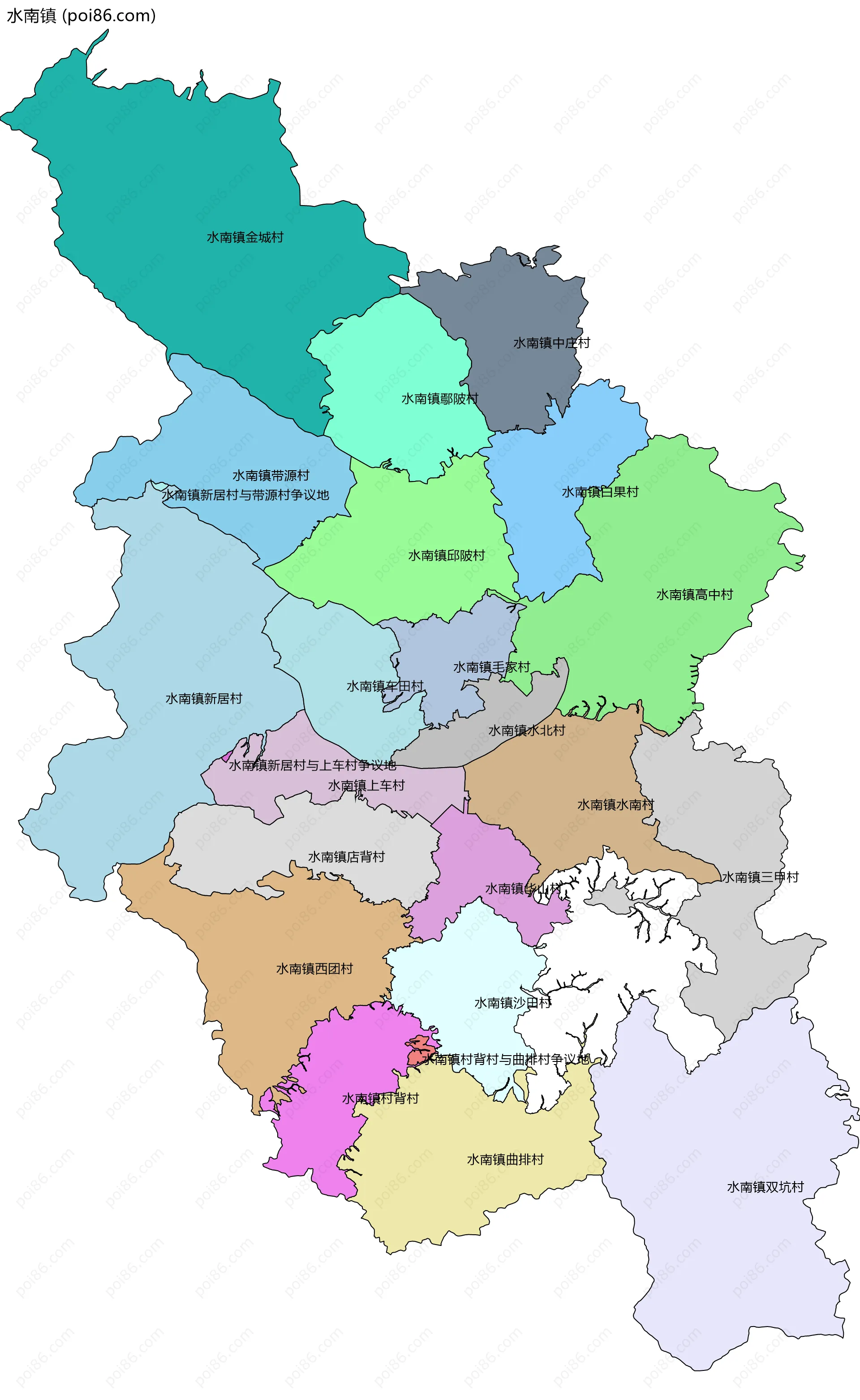 水南镇边界地图(五级行政区划)