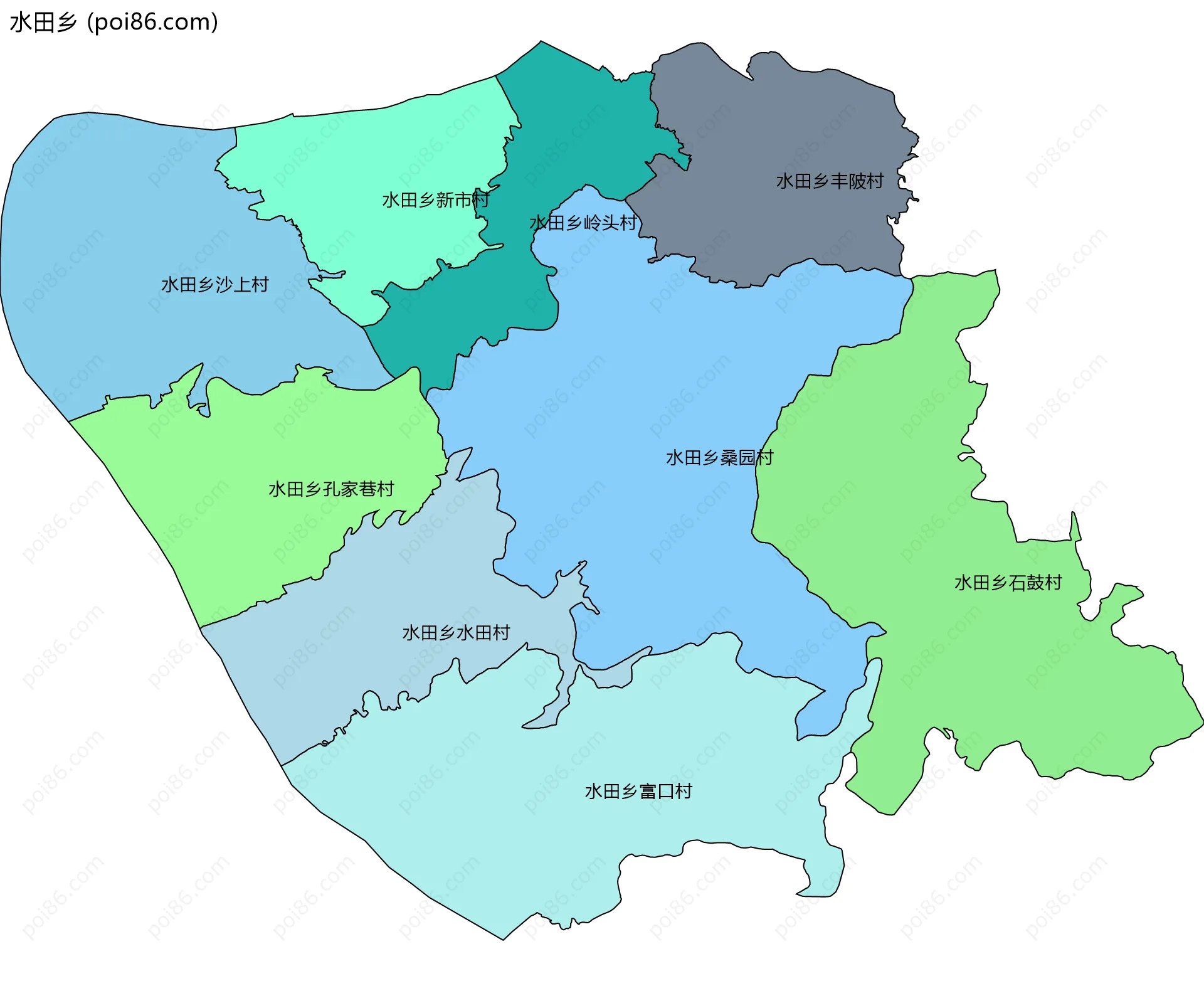 水田乡边界地图(五级行政区划)