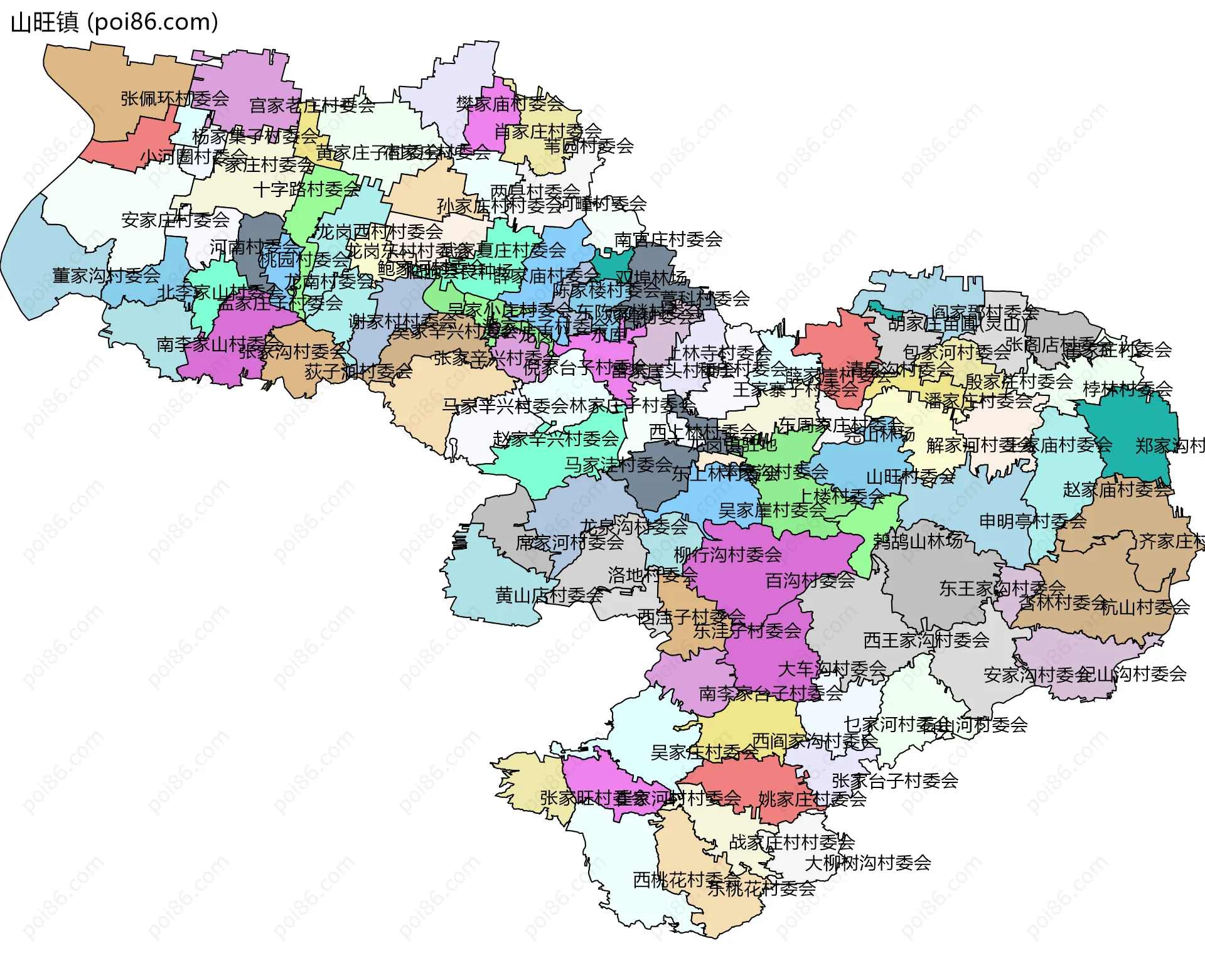 山旺镇边界地图(五级行政区划)