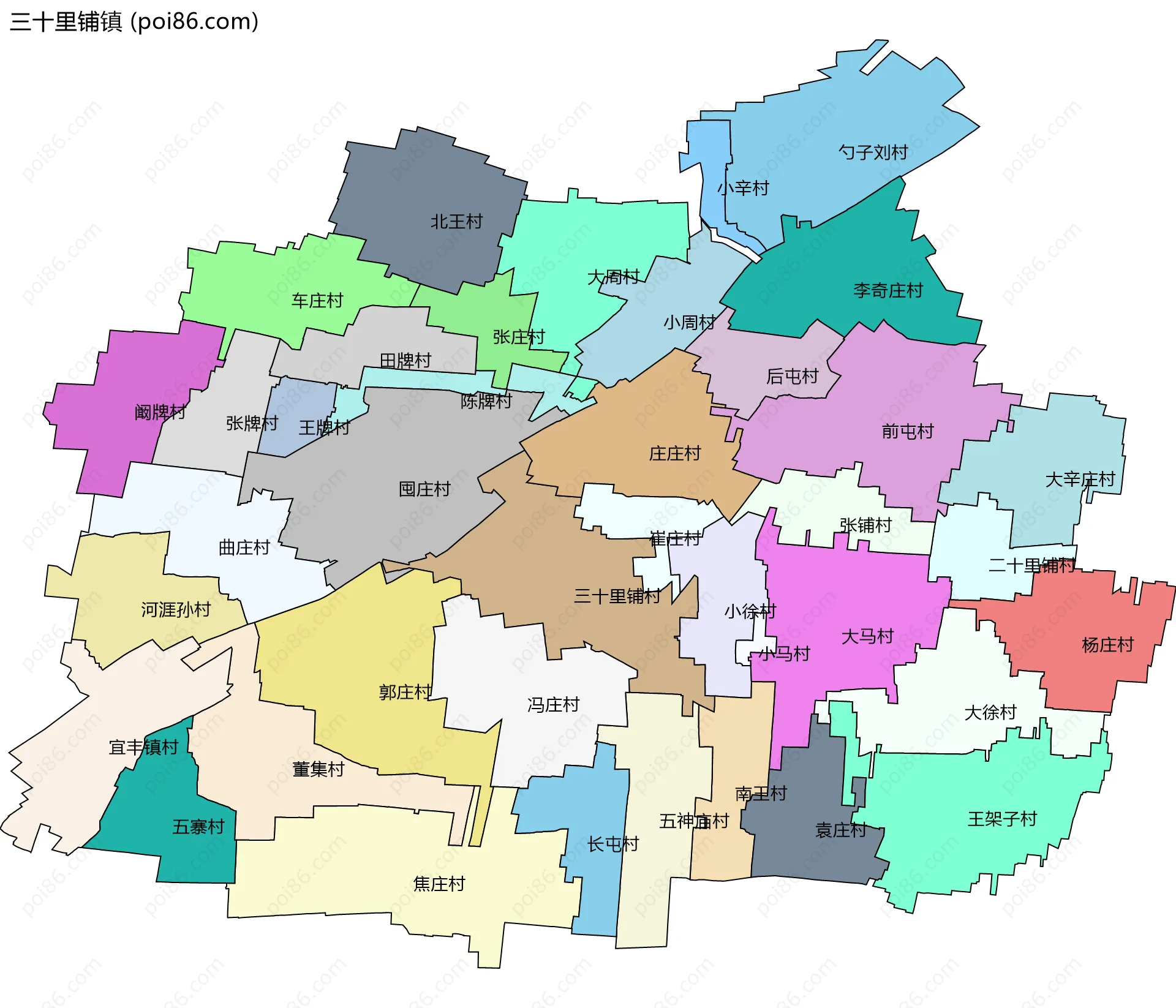 三十里铺镇边界地图(五级行政区划)