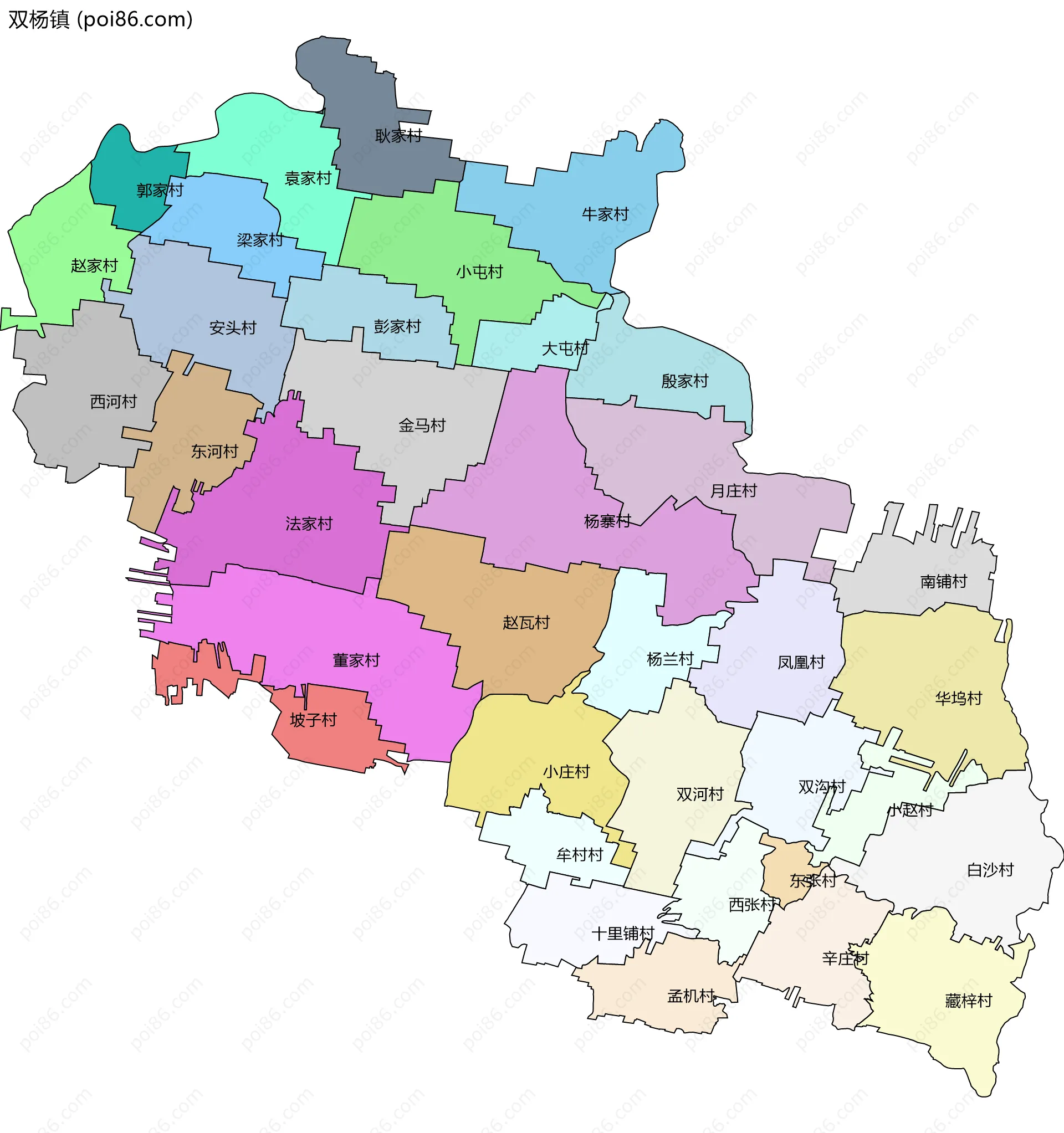 双杨镇边界地图(五级行政区划)