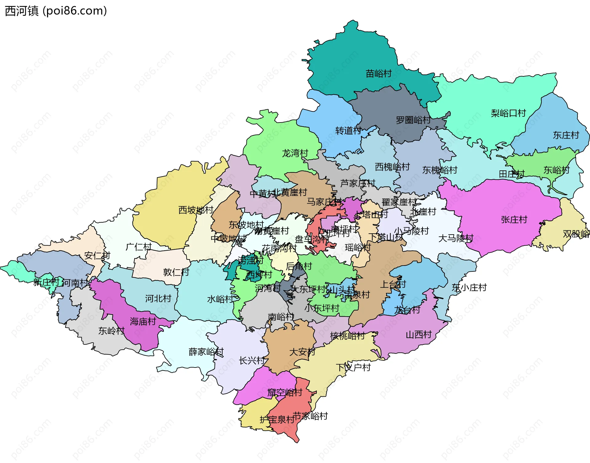 西河镇边界地图(五级行政区划)