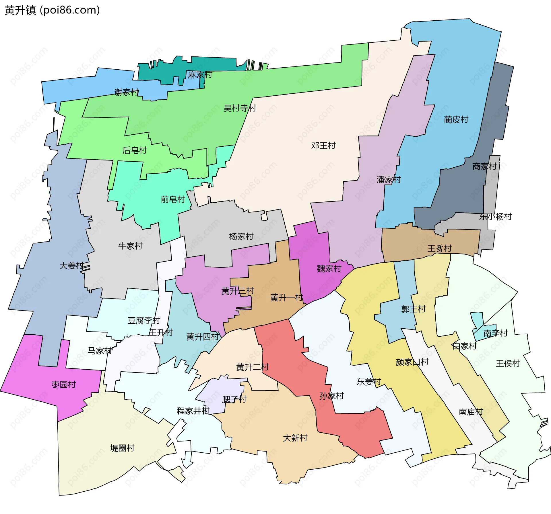 黄升镇边界地图(五级行政区划)