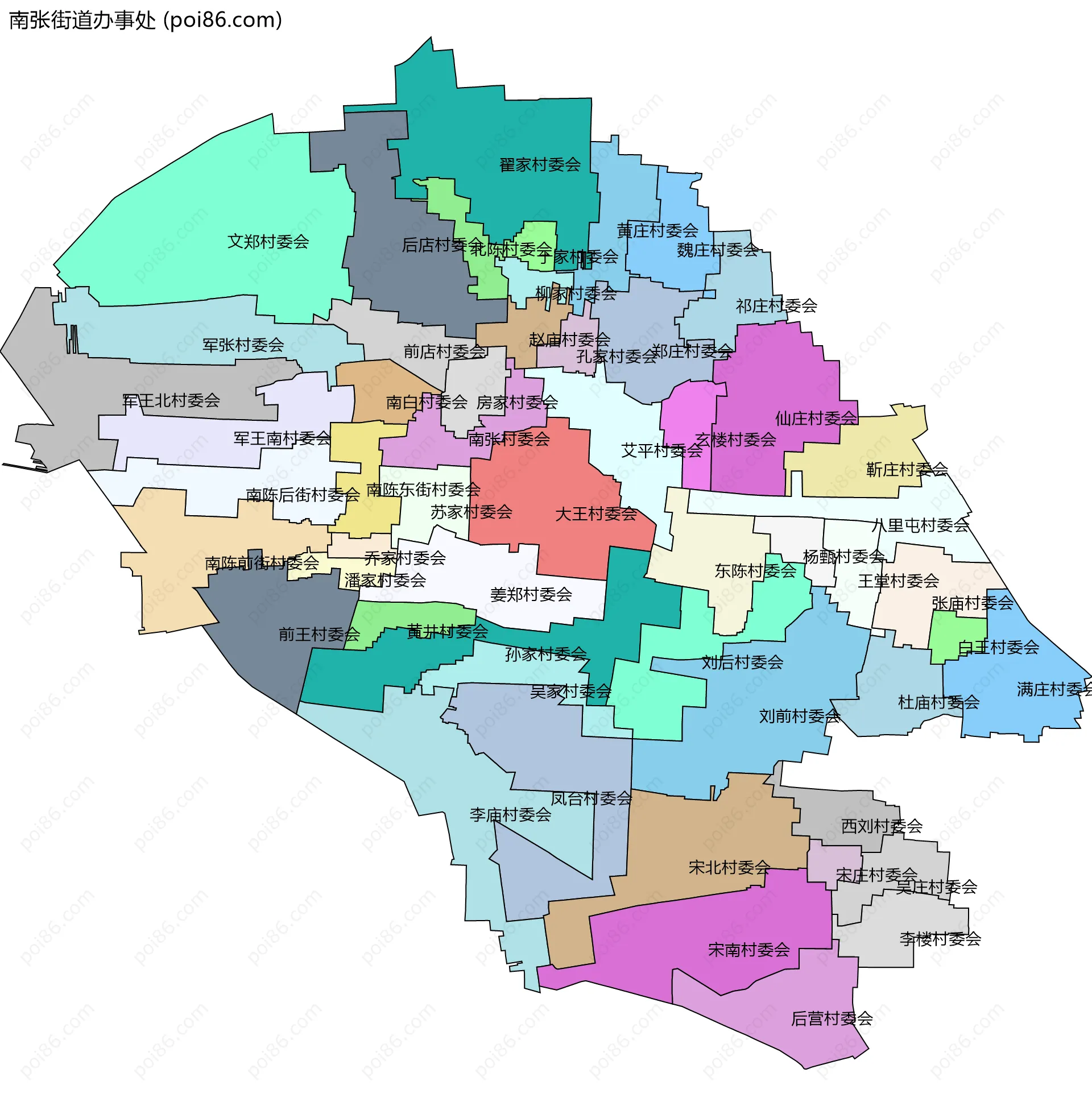 南张街道办事处边界地图(五级行政区划)