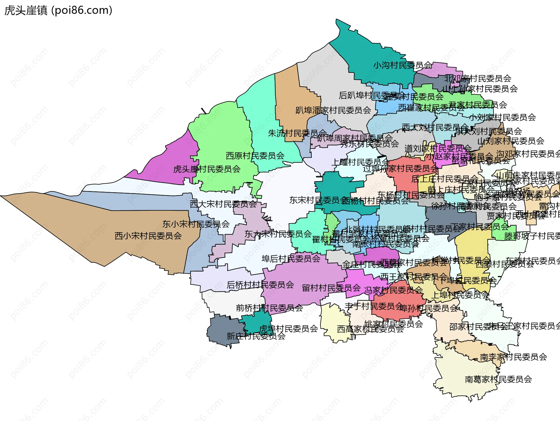 虎头崖镇边界地图(五级行政区划)