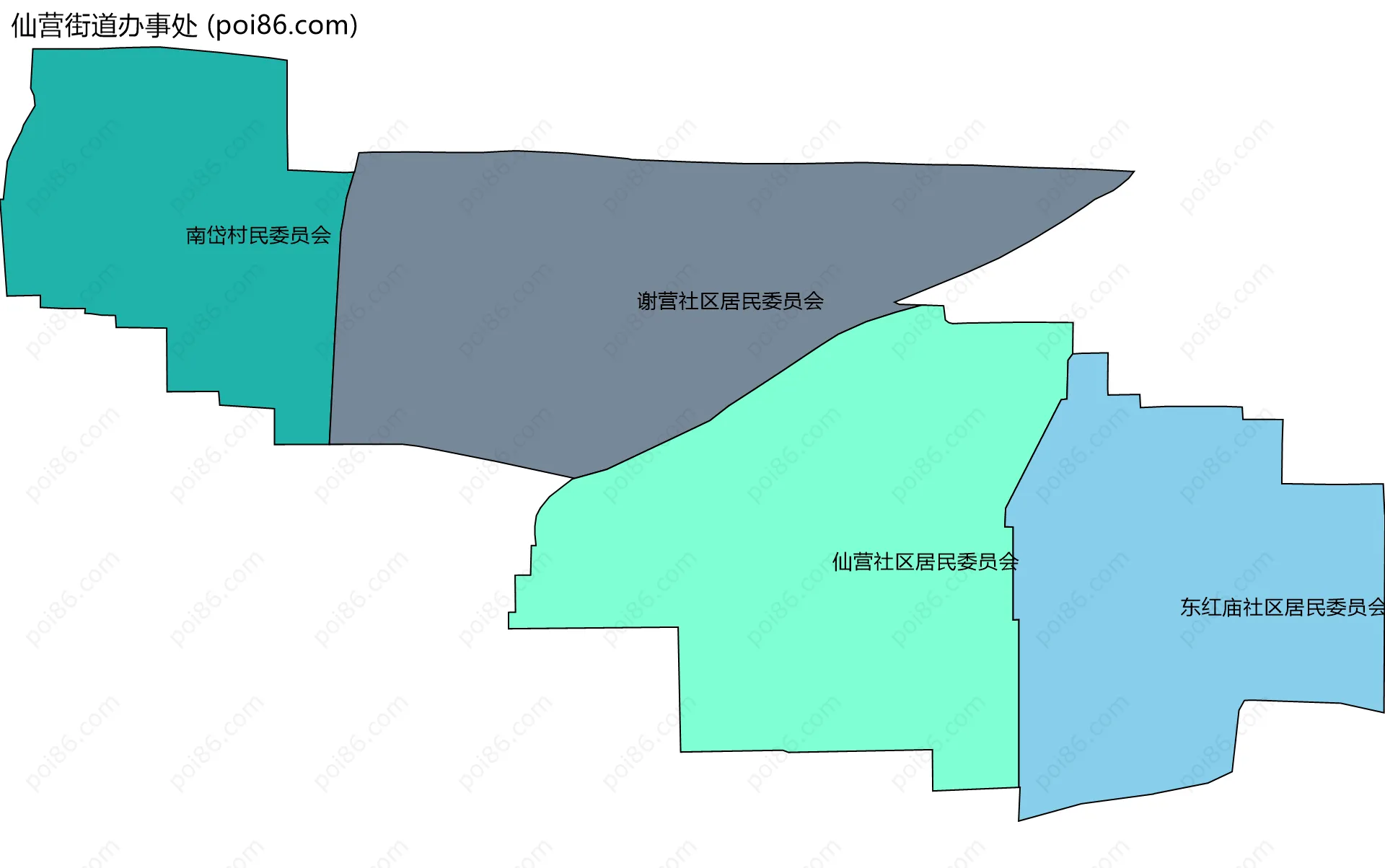 仙营街道办事处边界地图(五级行政区划)