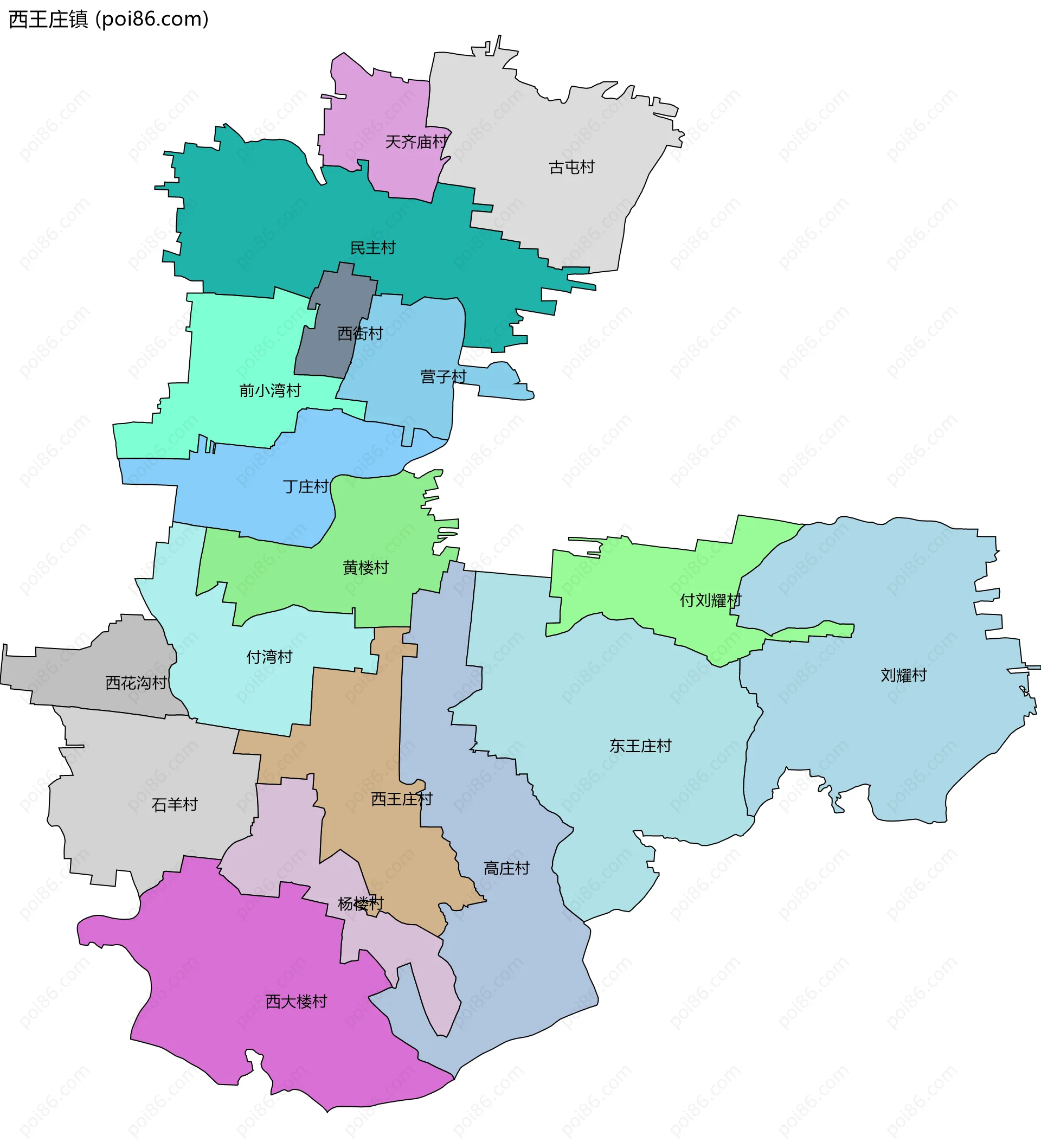 西王庄镇边界地图(五级行政区划)