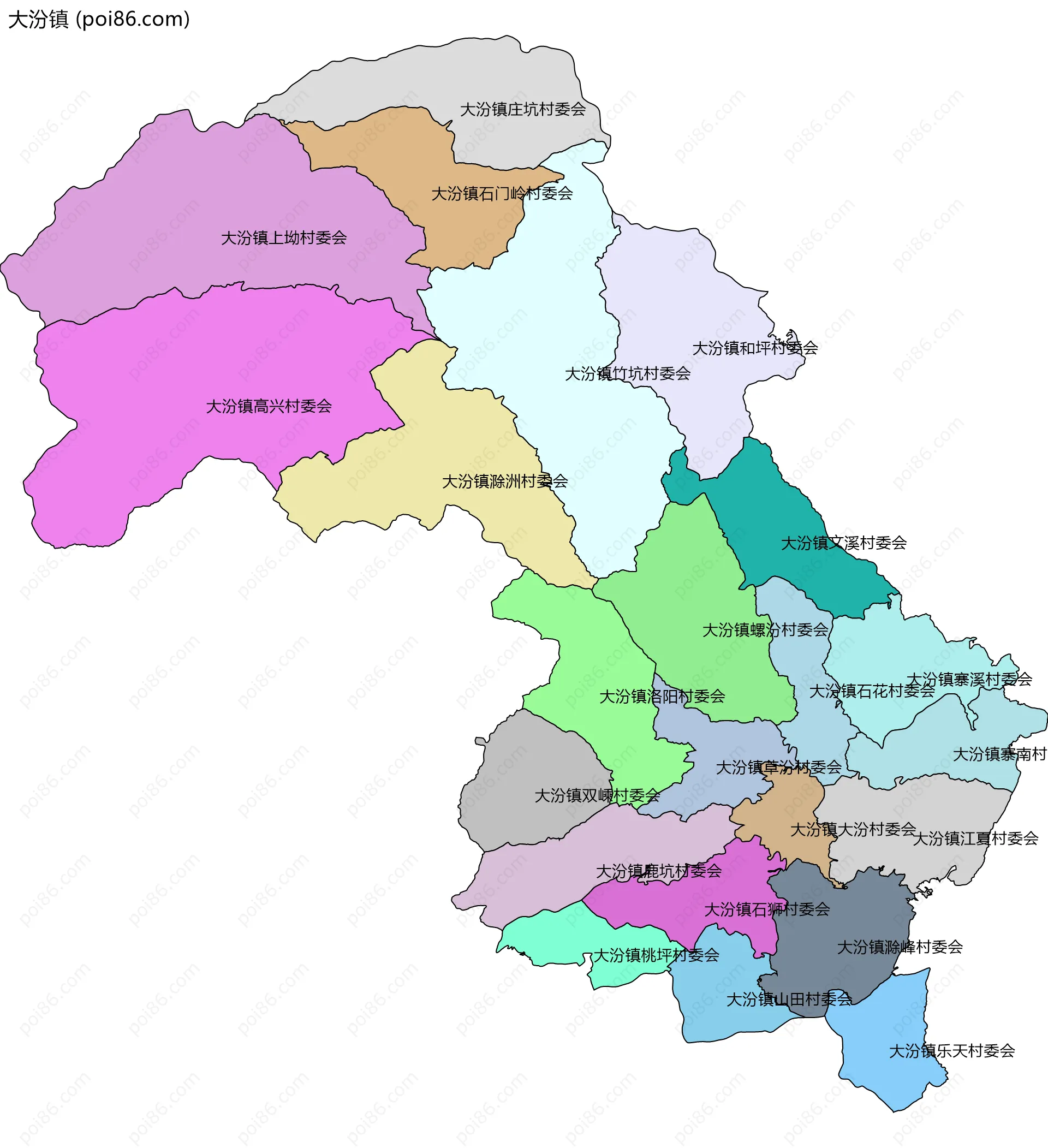 大汾镇边界地图(五级行政区划)