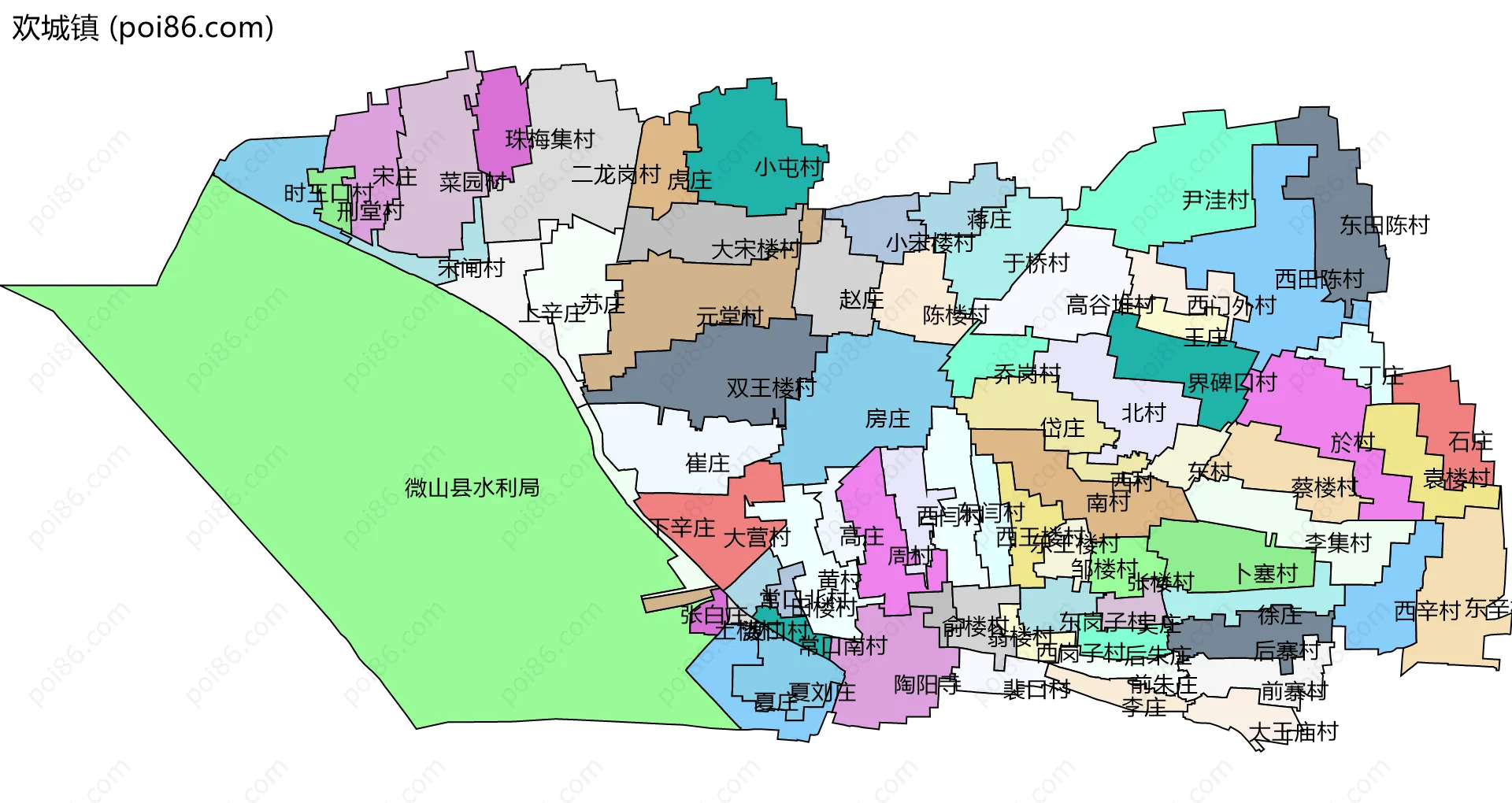 欢城镇边界地图(五级行政区划)