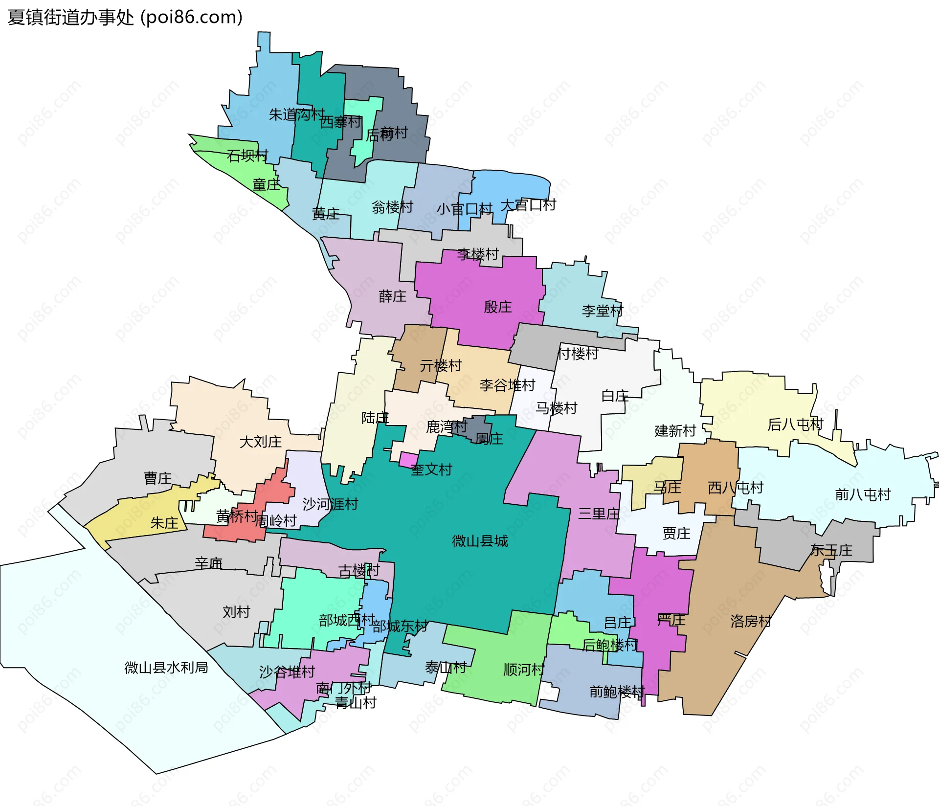 夏镇街道办事处边界地图(五级行政区划)