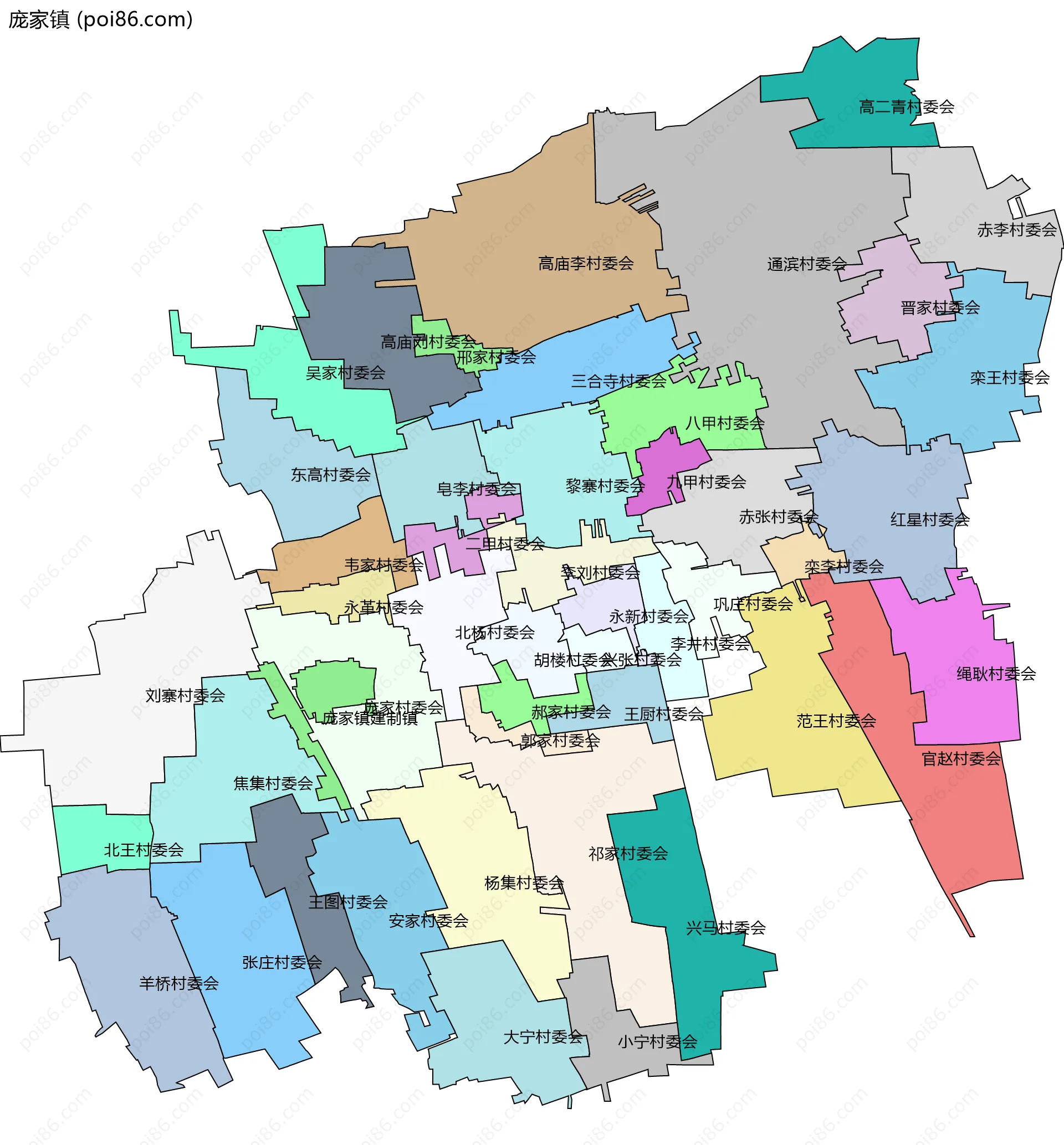 庞家镇边界地图(五级行政区划)