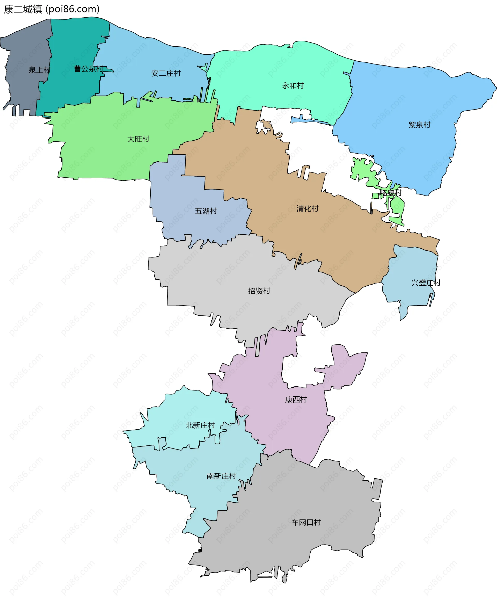 康二城镇边界地图(五级行政区划)