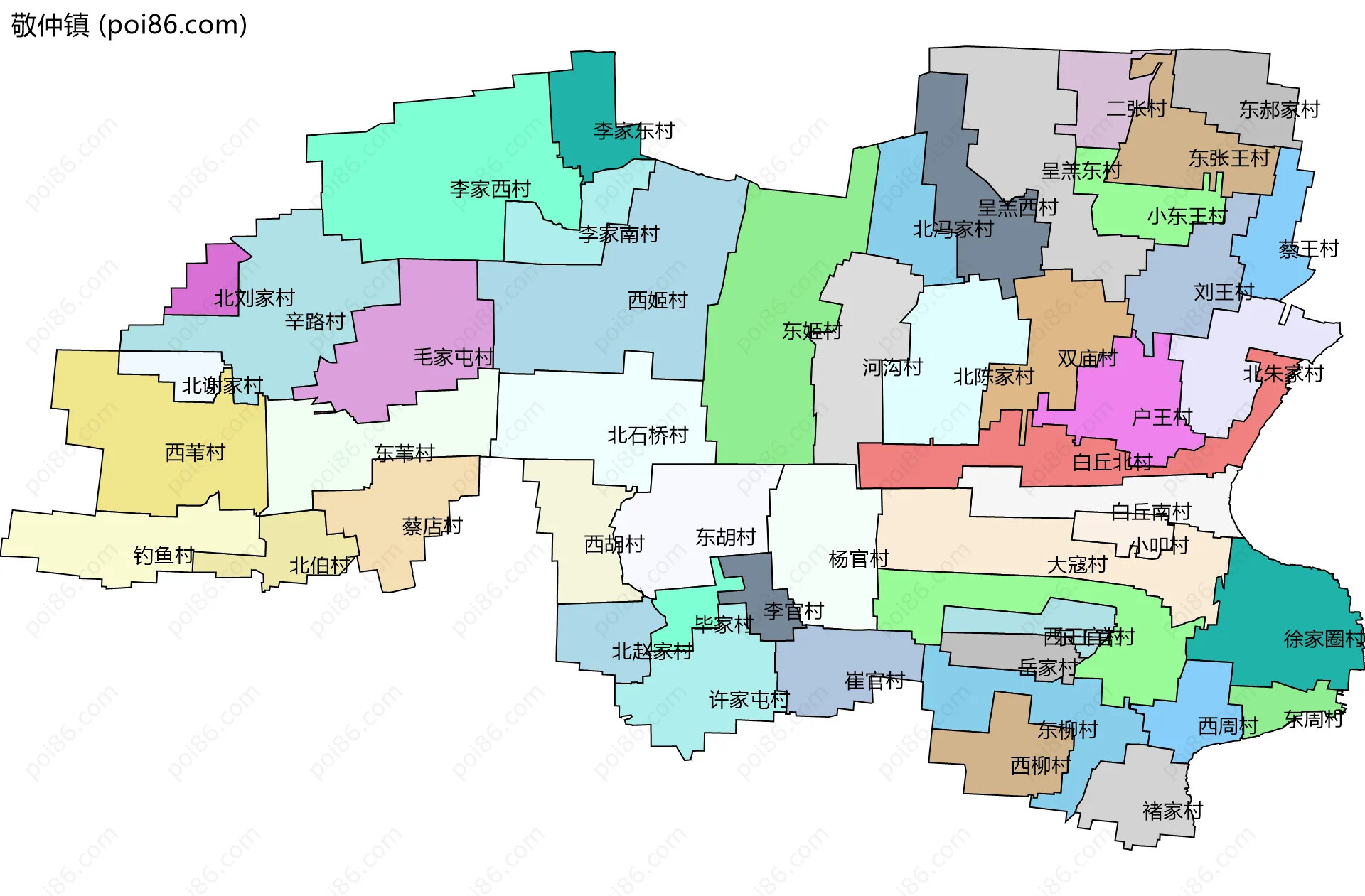 敬仲镇边界地图(五级行政区划)