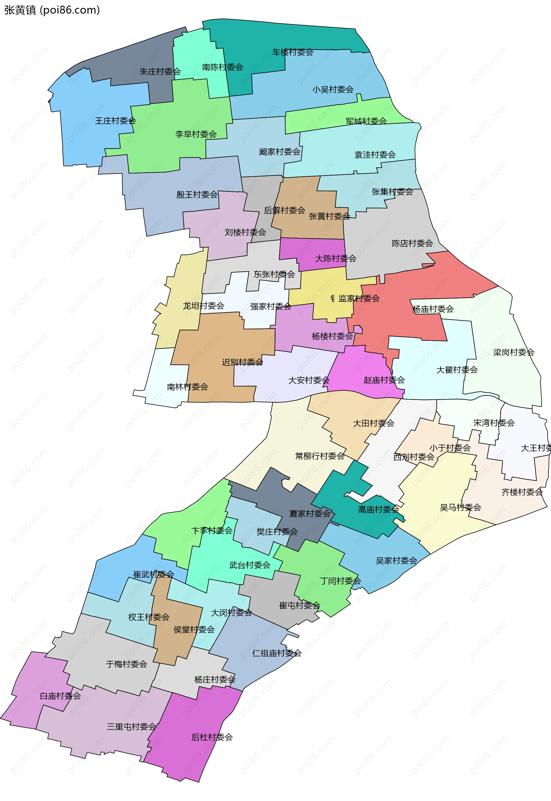 张黄镇边界地图(五级行政区划)