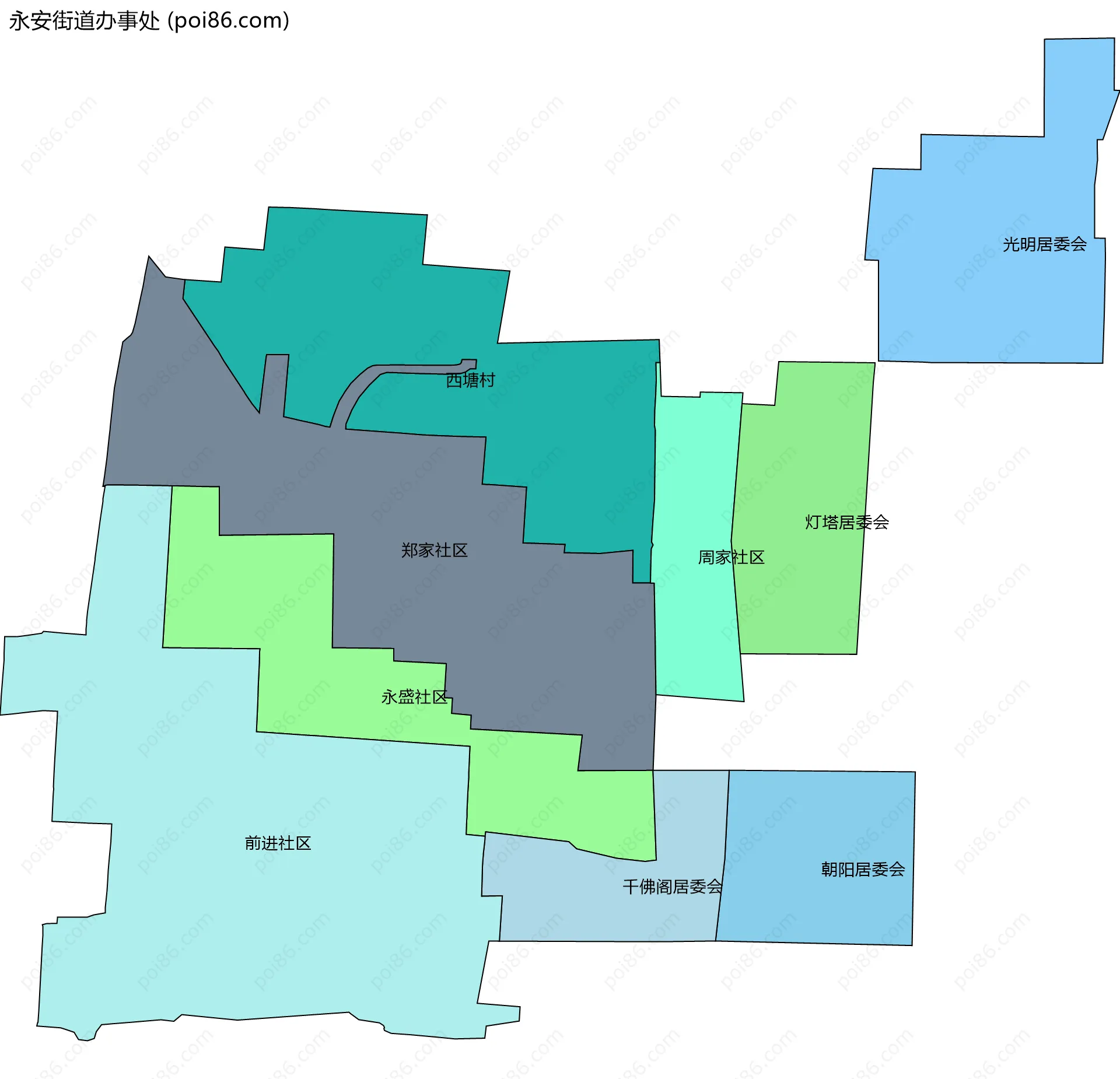 永安街道办事处边界地图(五级行政区划)