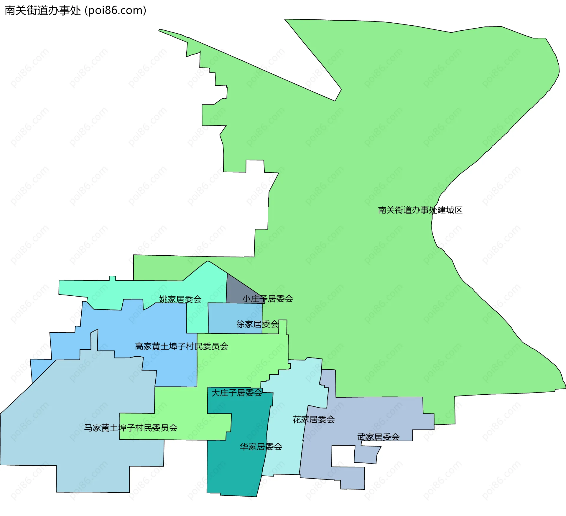 南关街道办事处边界地图(五级行政区划)