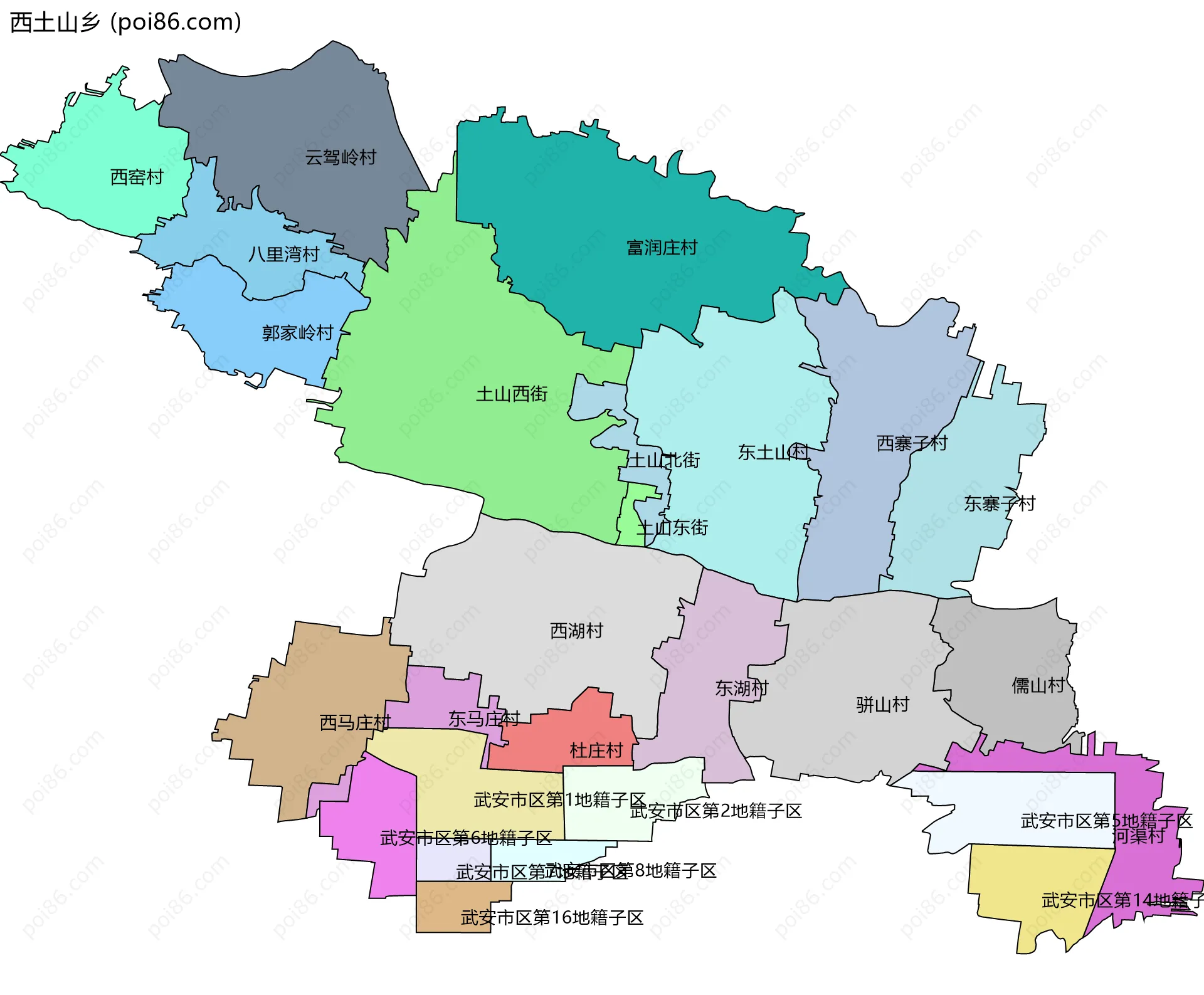 西土山乡边界地图(五级行政区划)