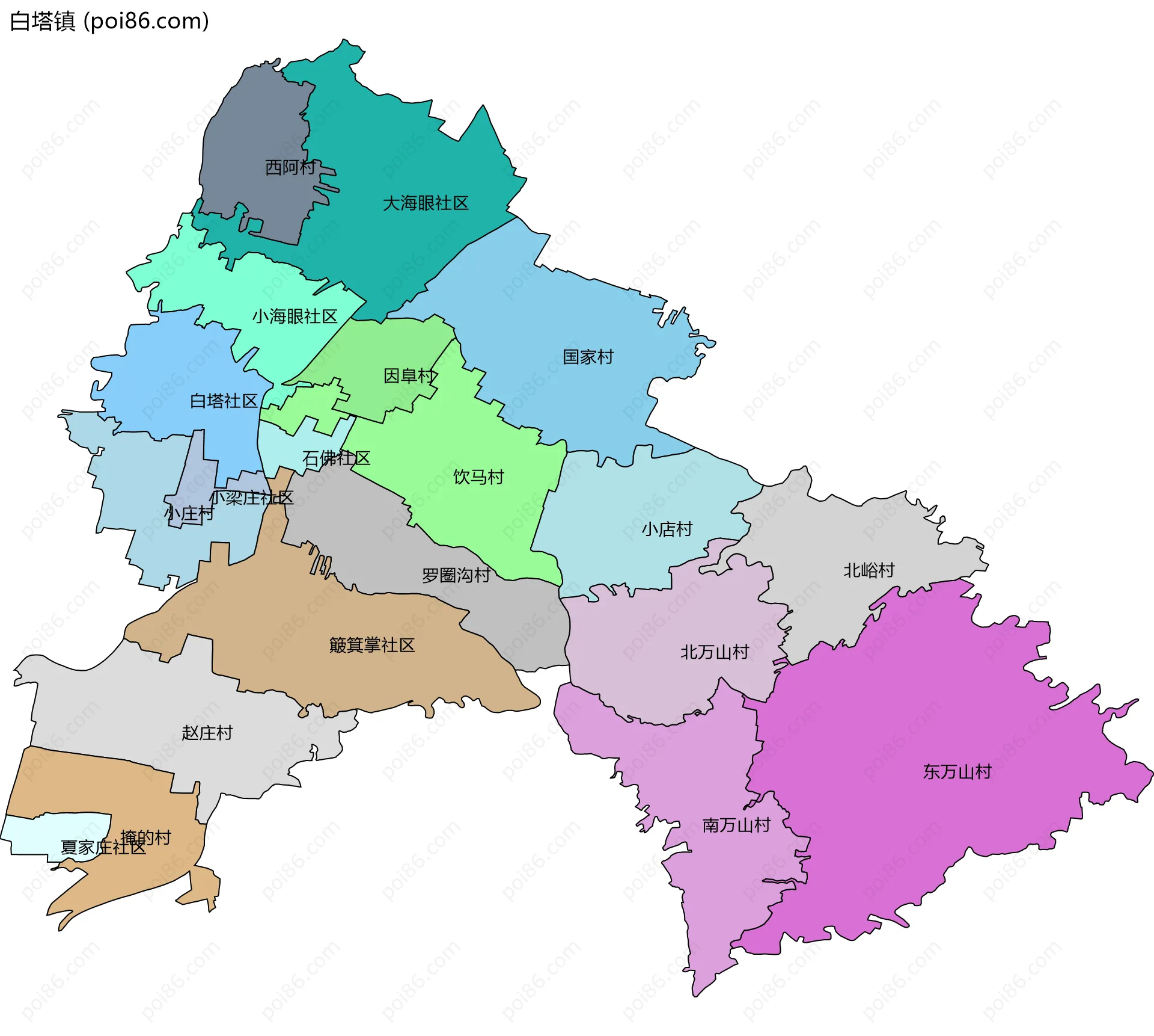 白塔镇边界地图(五级行政区划)