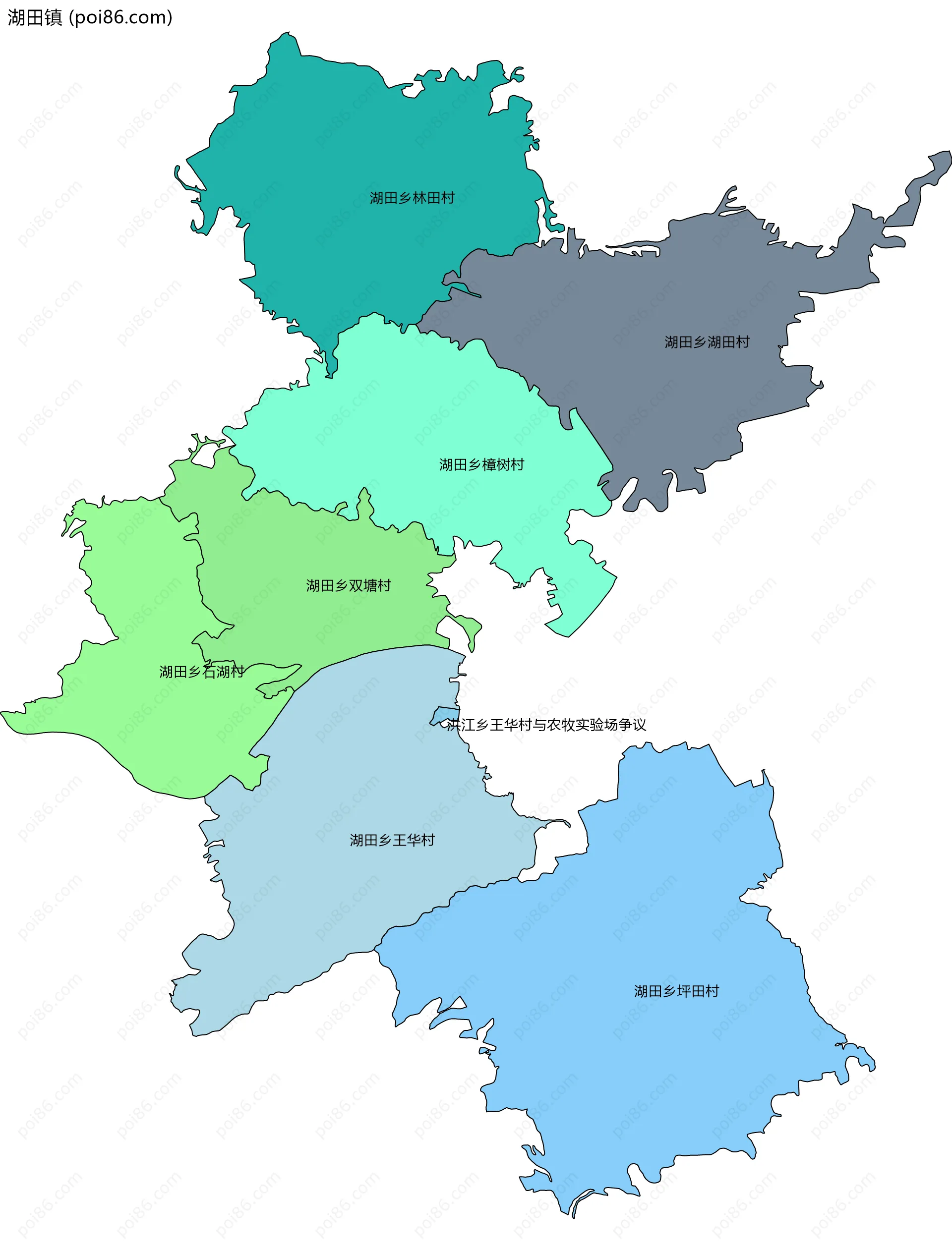 湖田镇边界地图(五级行政区划)