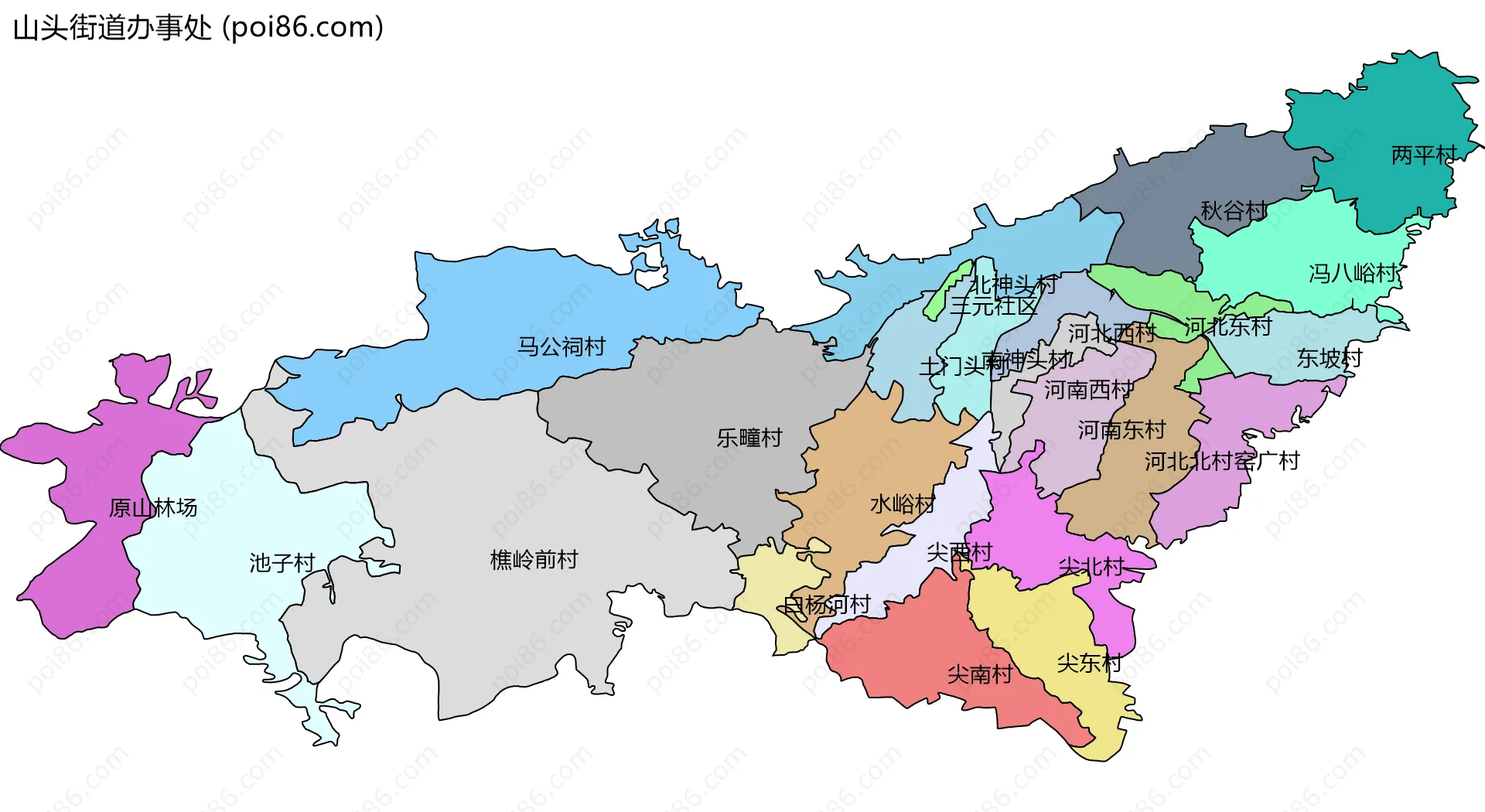 山头街道办事处边界地图(五级行政区划)