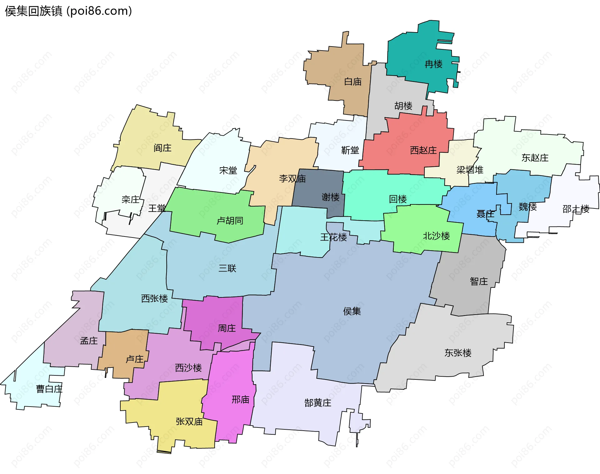 侯集回族镇边界地图(五级行政区划)