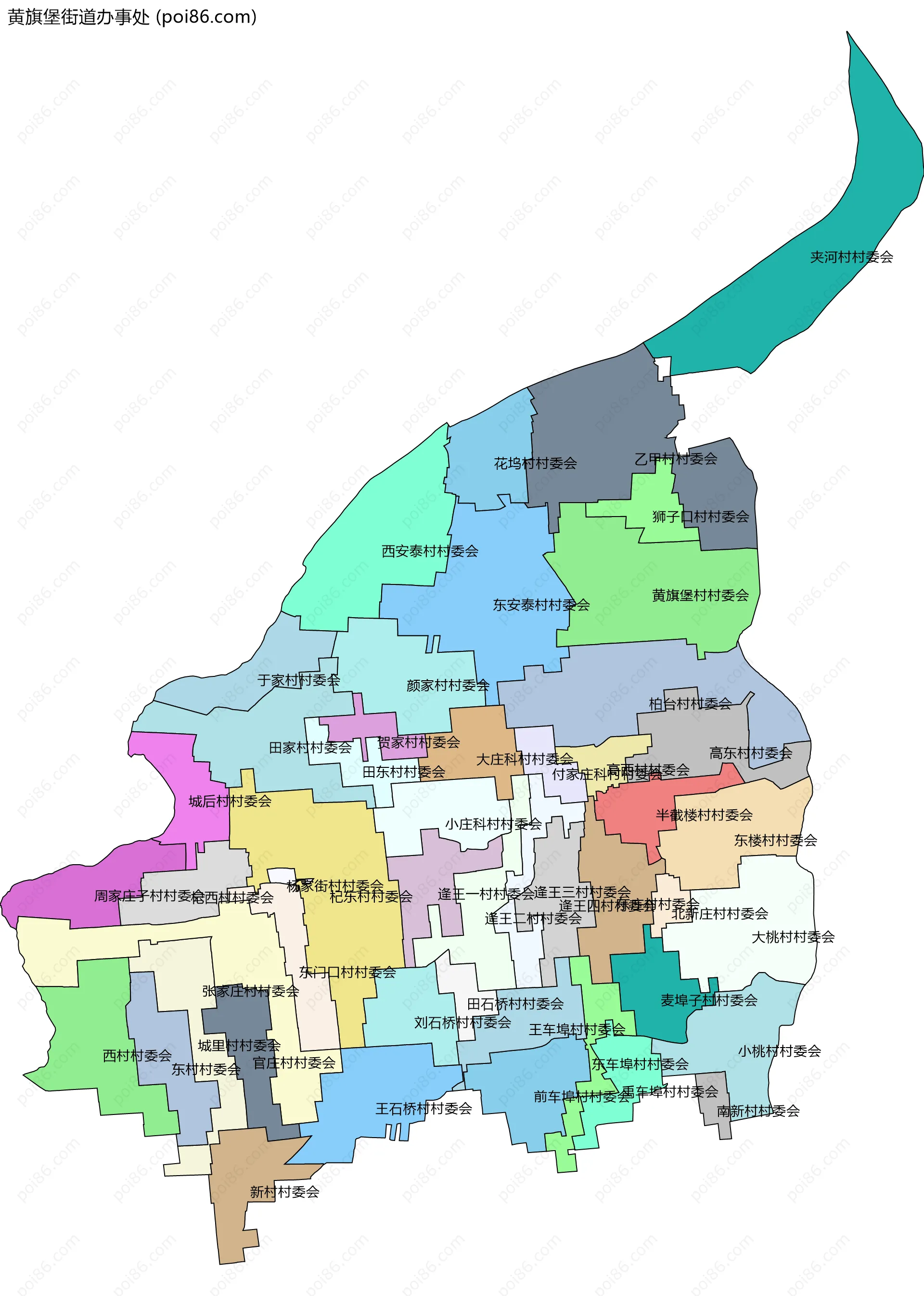 黄旗堡街道办事处边界地图(五级行政区划)