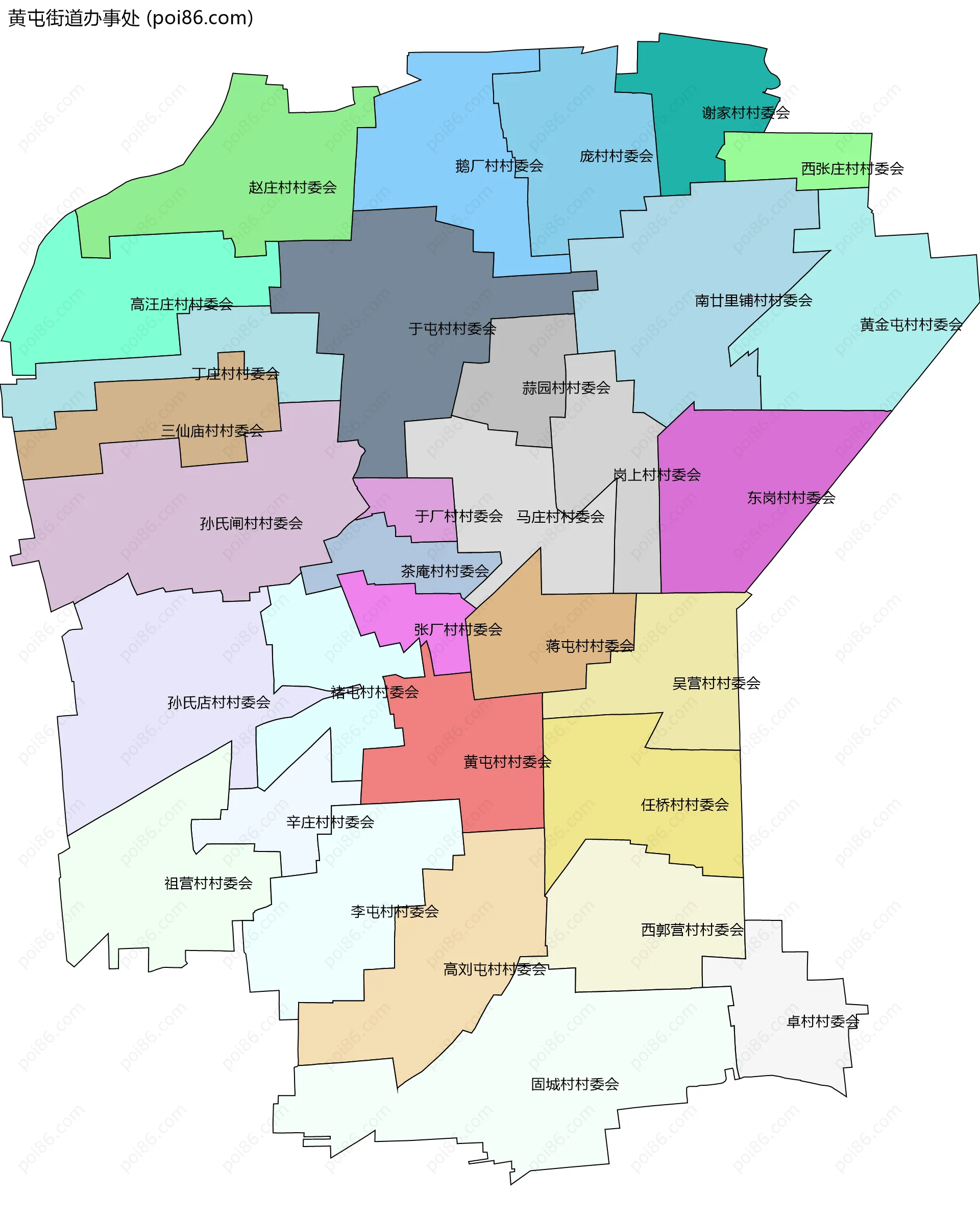 黄屯街道办事处边界地图(五级行政区划)