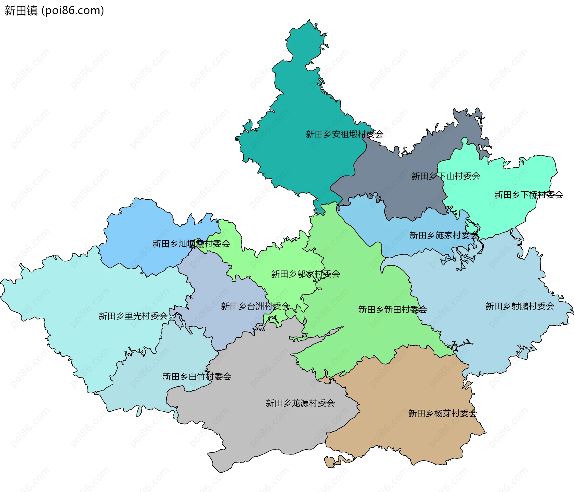 新田镇边界地图(五级行政区划)