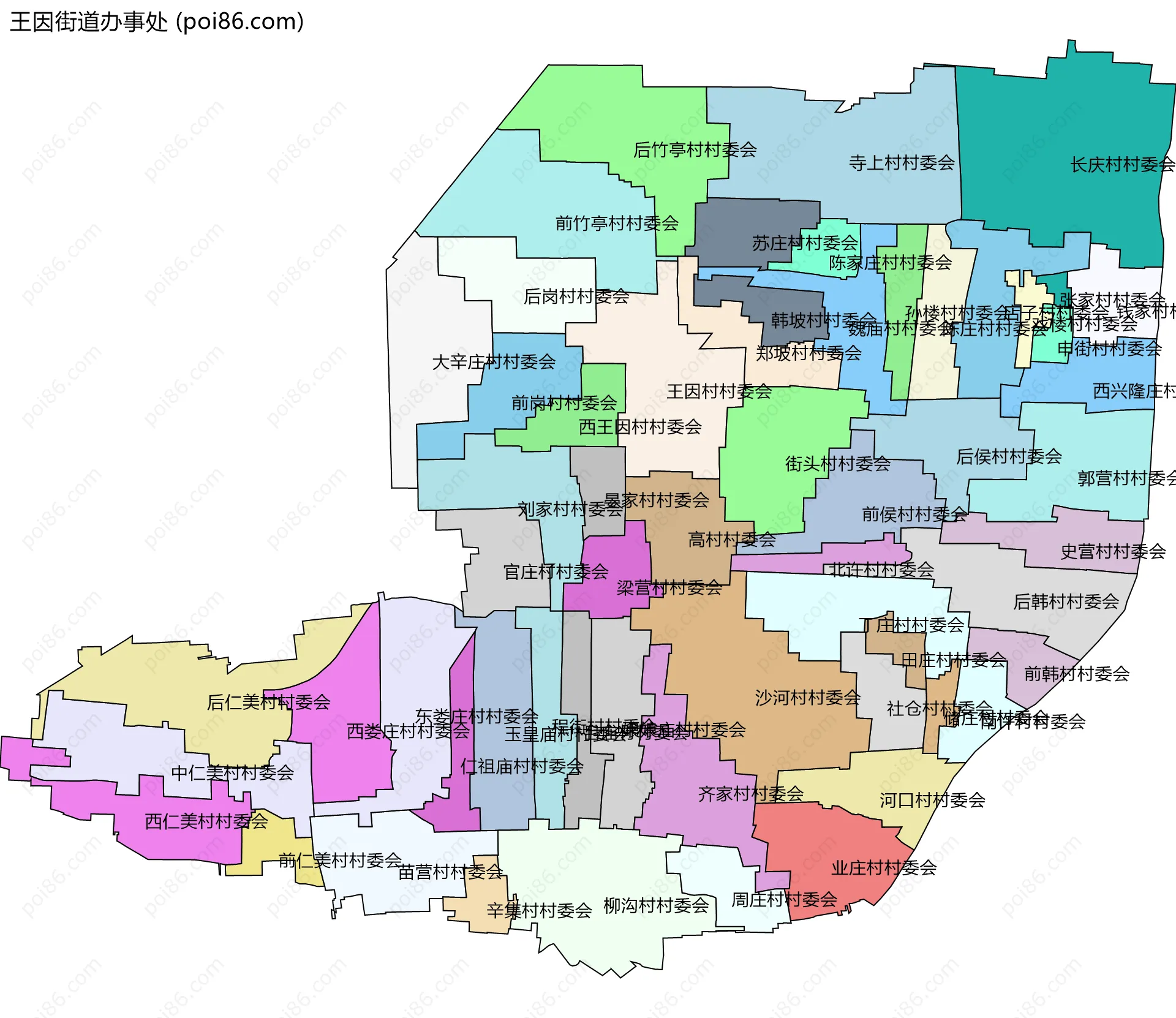 王因街道办事处边界地图(五级行政区划)