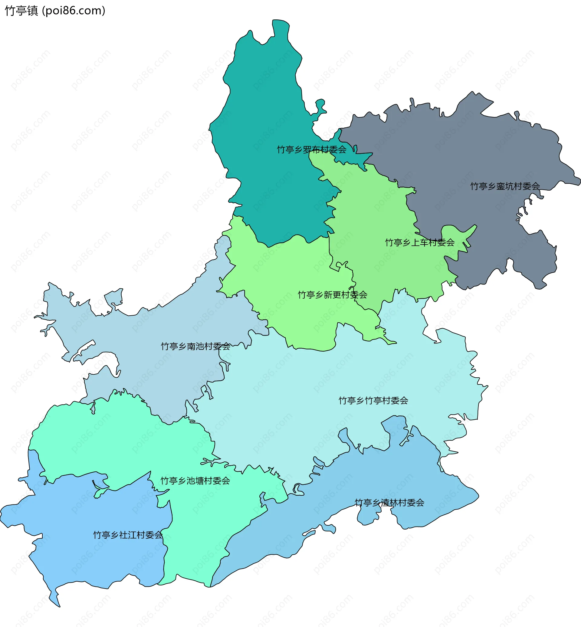 竹亭镇边界地图(五级行政区划)