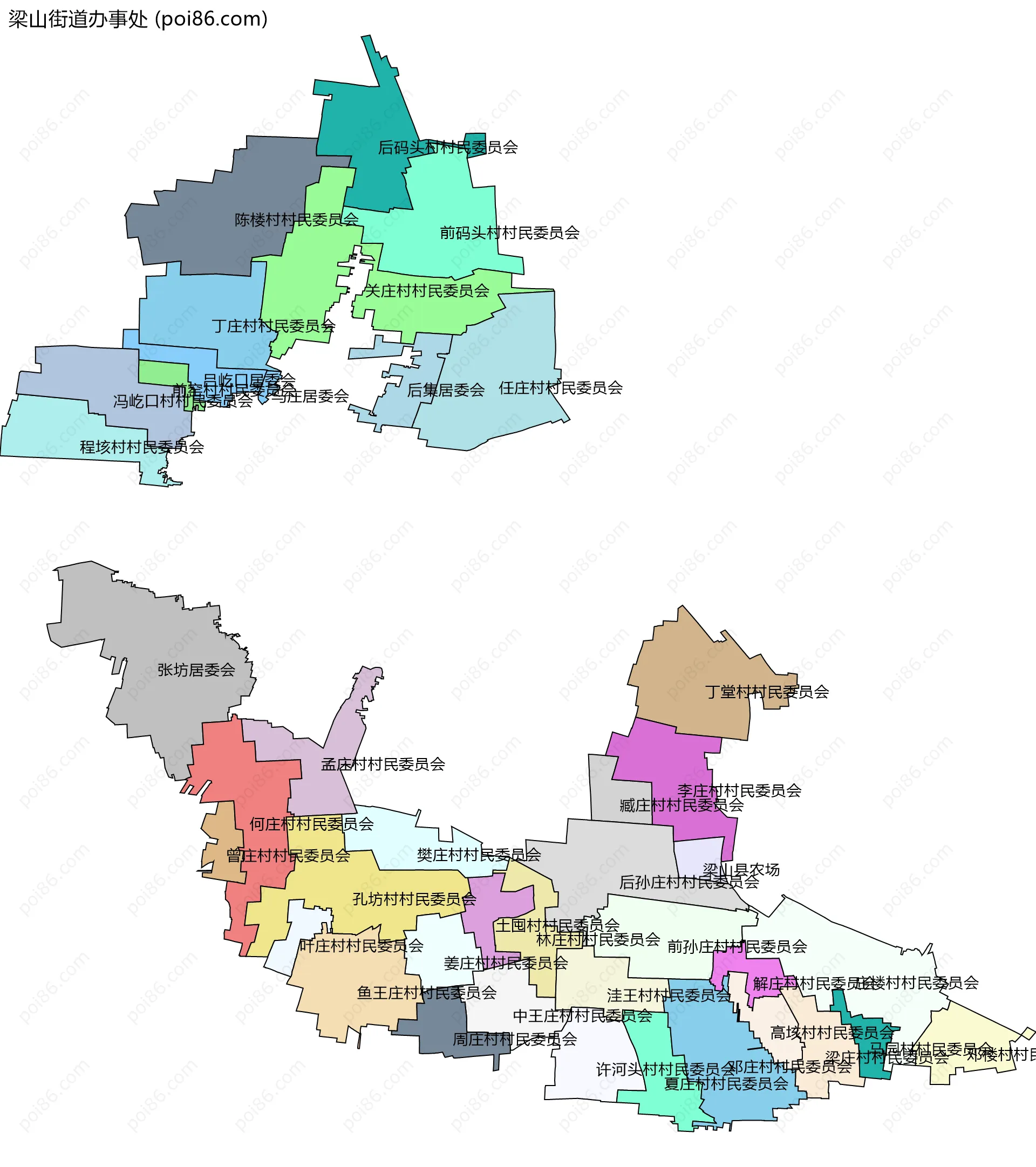 梁山街道办事处边界地图(五级行政区划)
