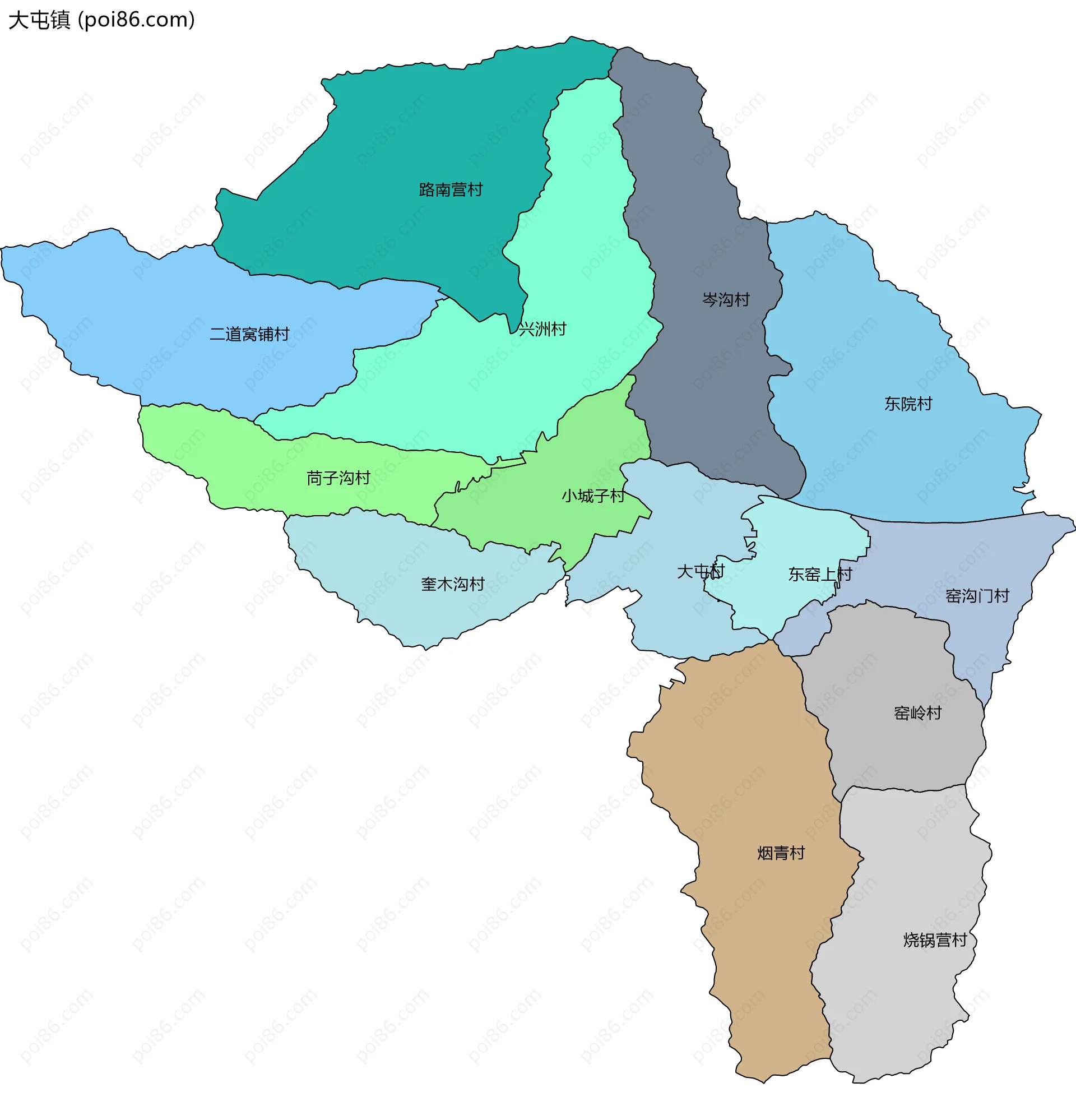 大屯镇边界地图(五级行政区划)