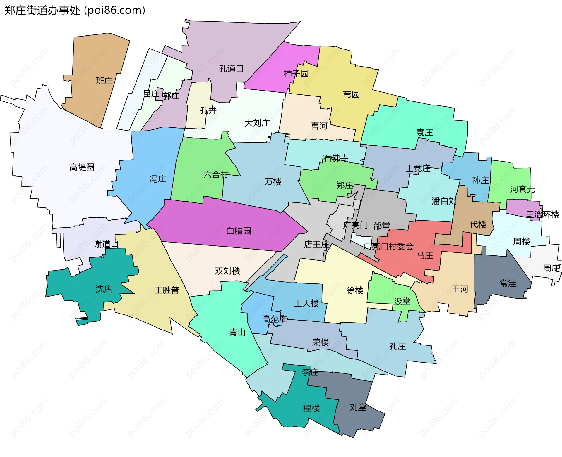郑庄街道办事处边界地图(五级行政区划)