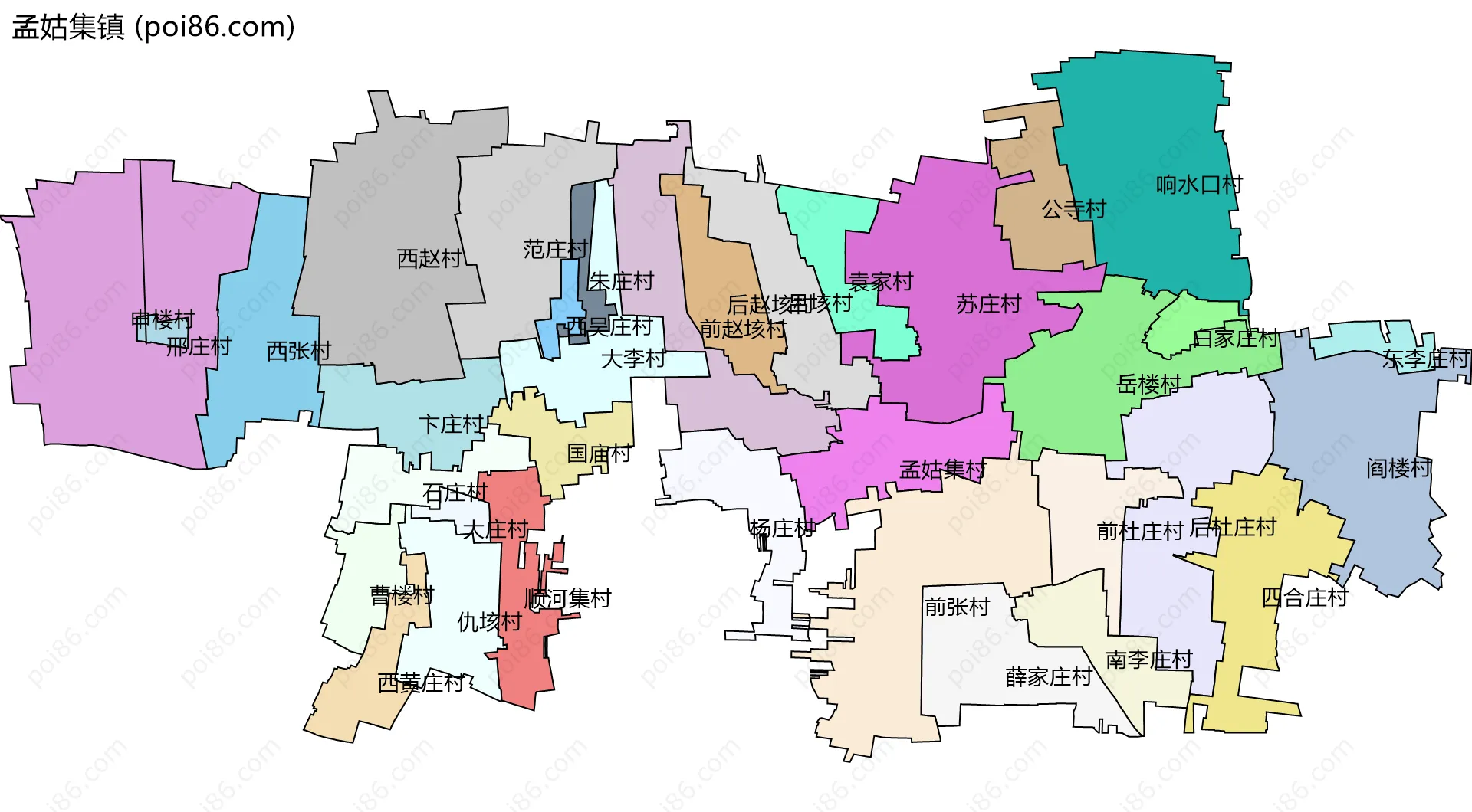 孟姑集镇边界地图(五级行政区划)