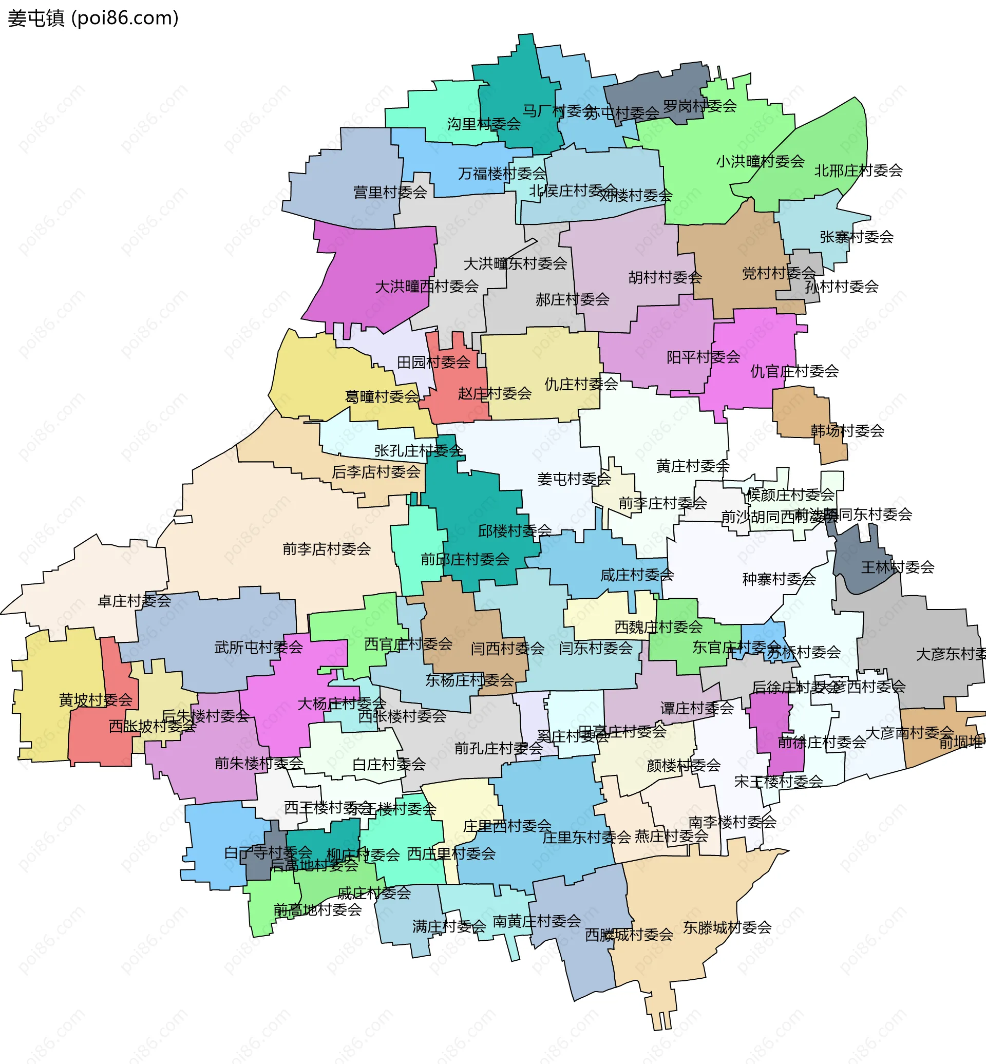 姜屯镇边界地图(五级行政区划)