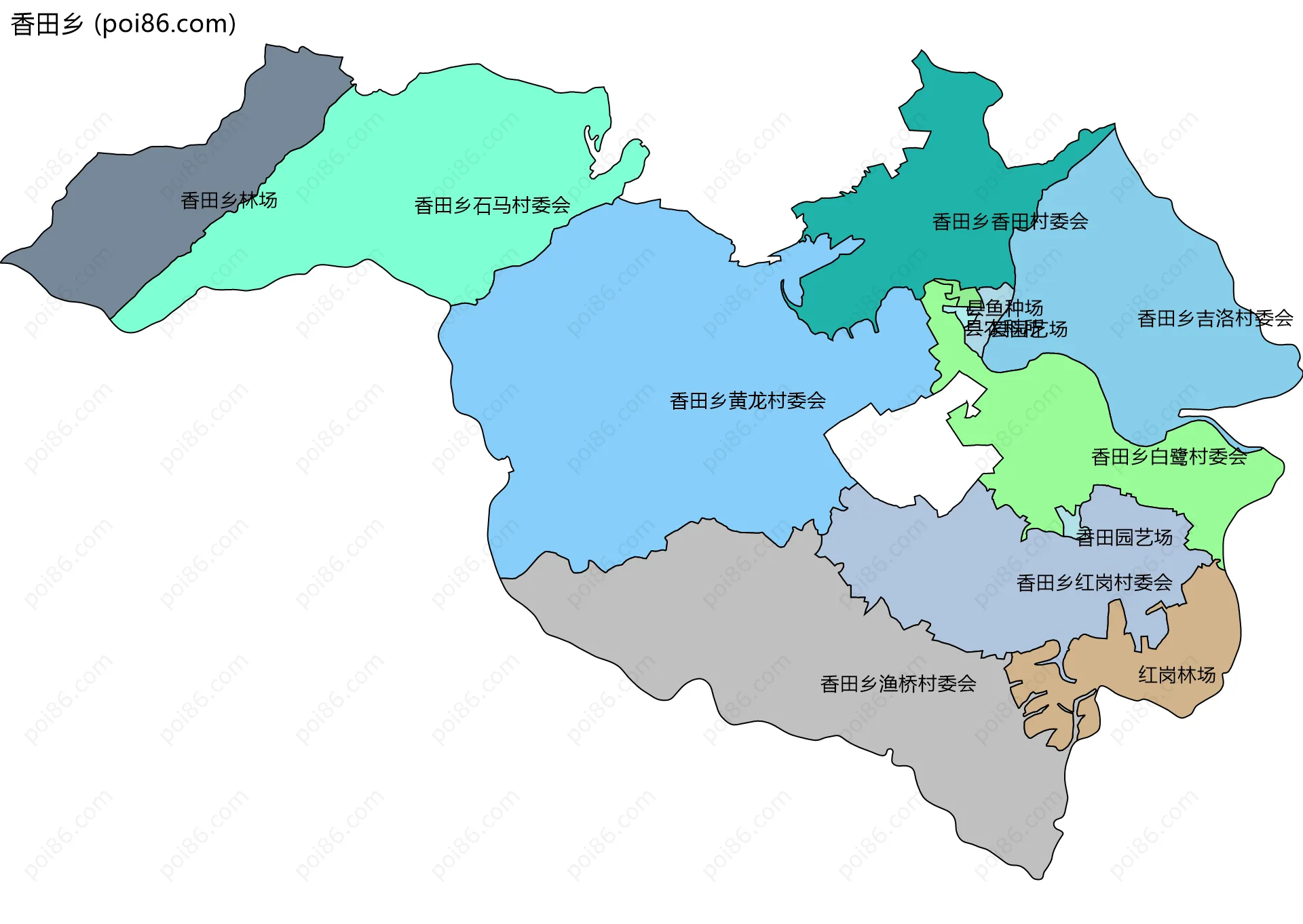 香田乡边界地图(五级行政区划)