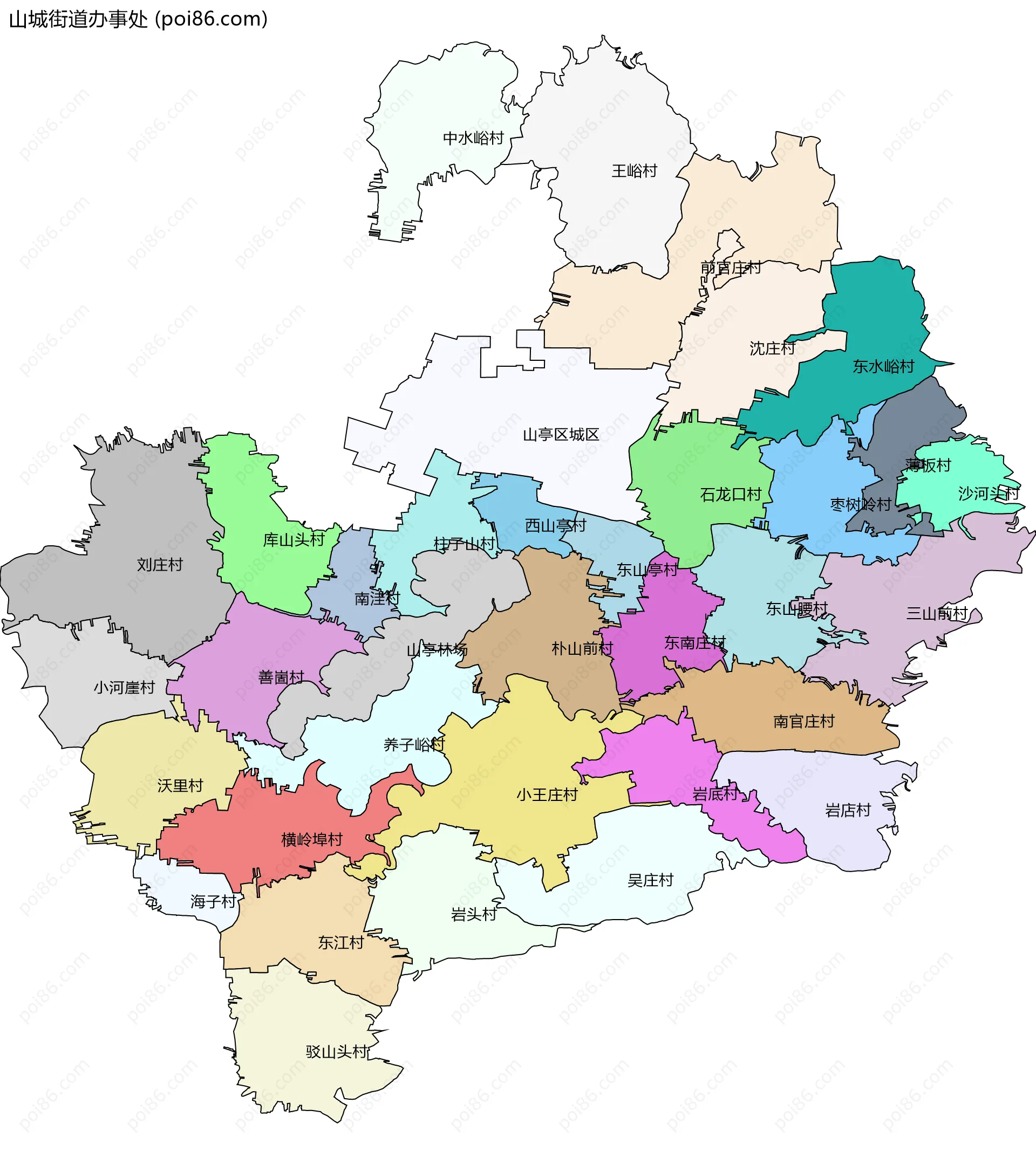 山城街道办事处边界地图(五级行政区划)