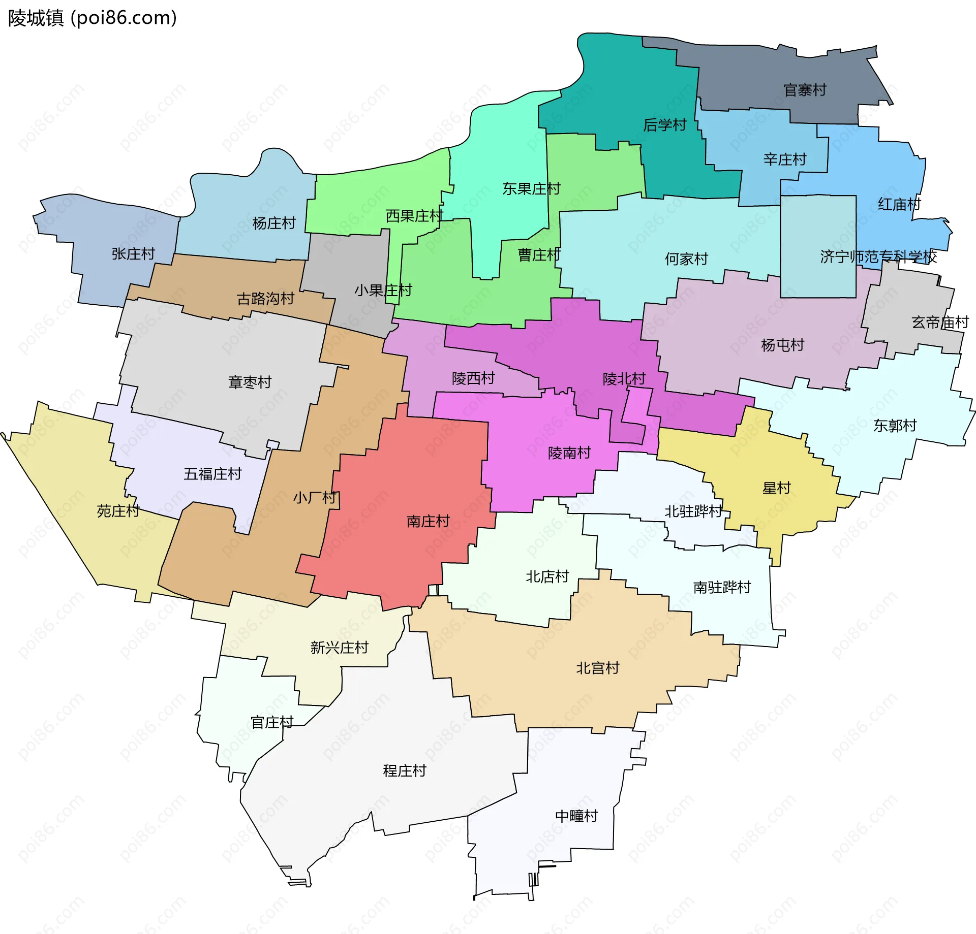 陵城镇边界地图(五级行政区划)