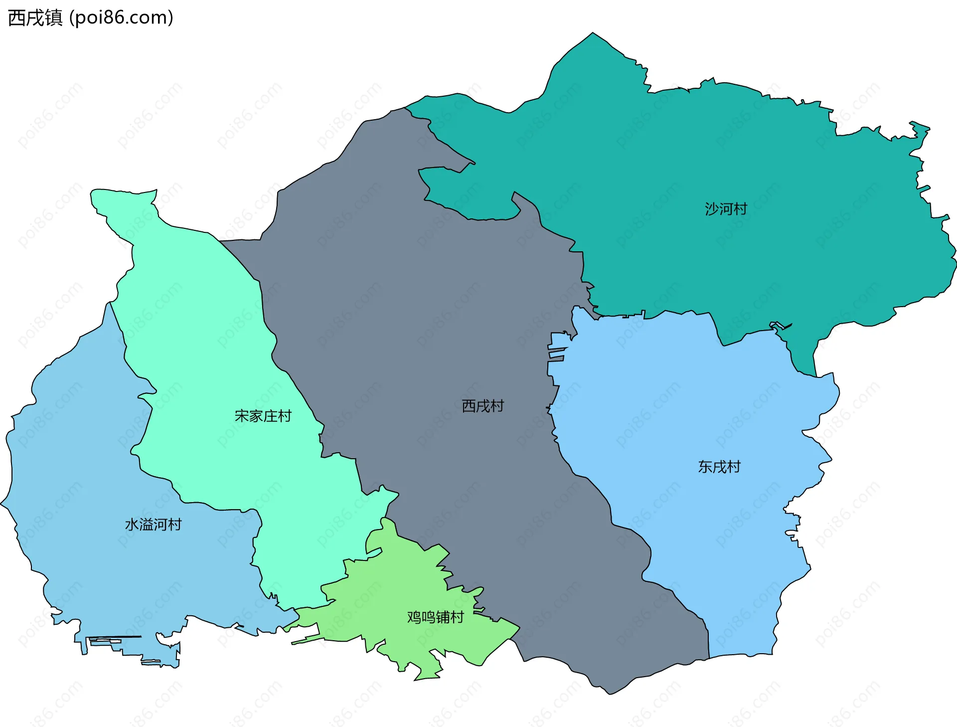西戌镇边界地图(五级行政区划)