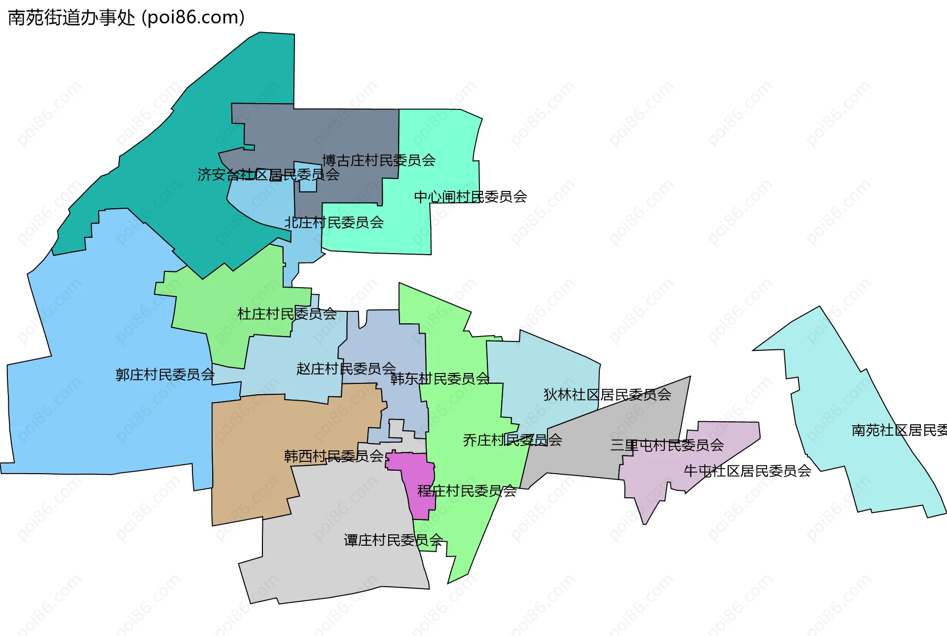 南苑街道办事处边界地图(五级行政区划)