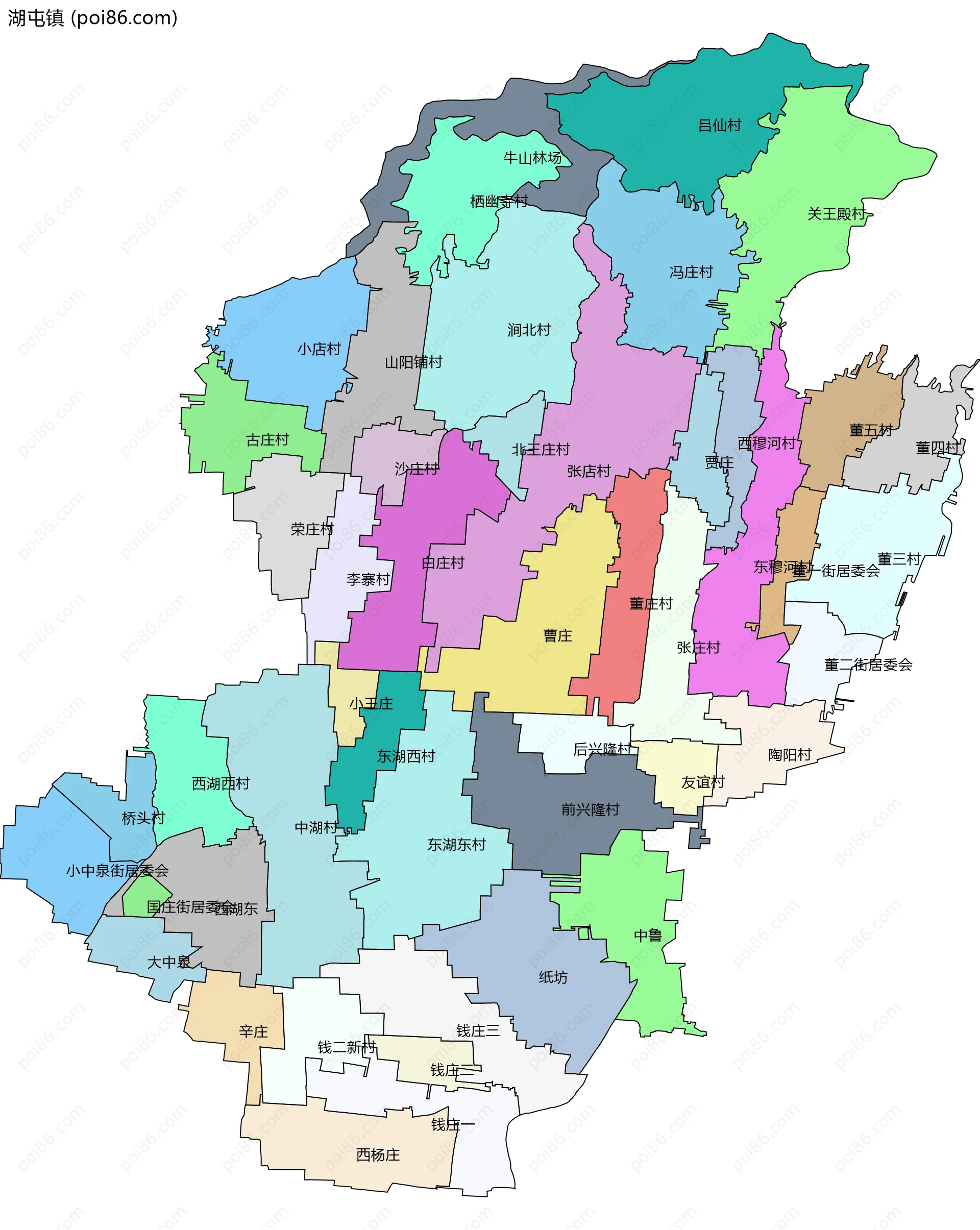 湖屯镇边界地图(五级行政区划)