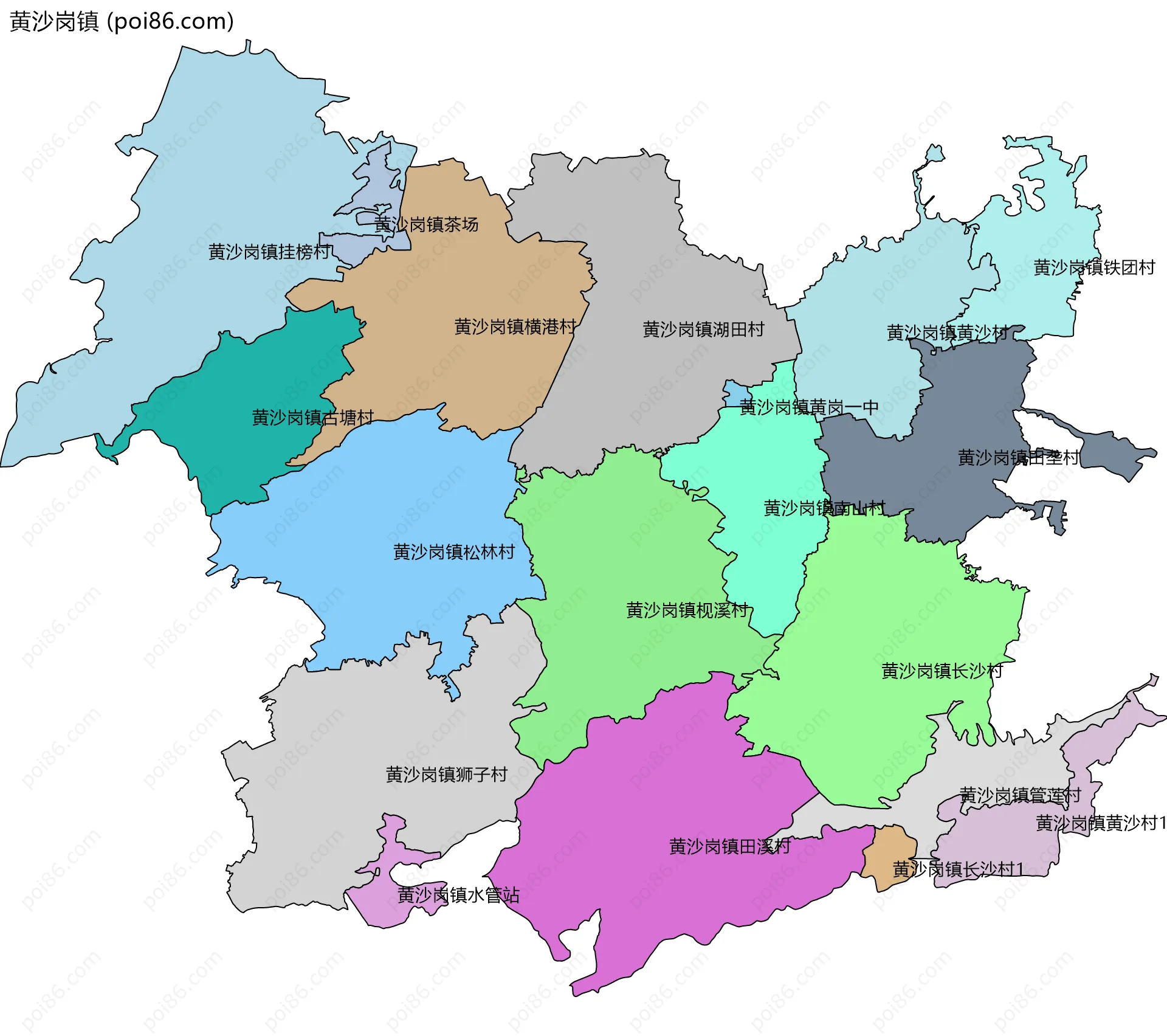 黄沙岗镇边界地图(五级行政区划)